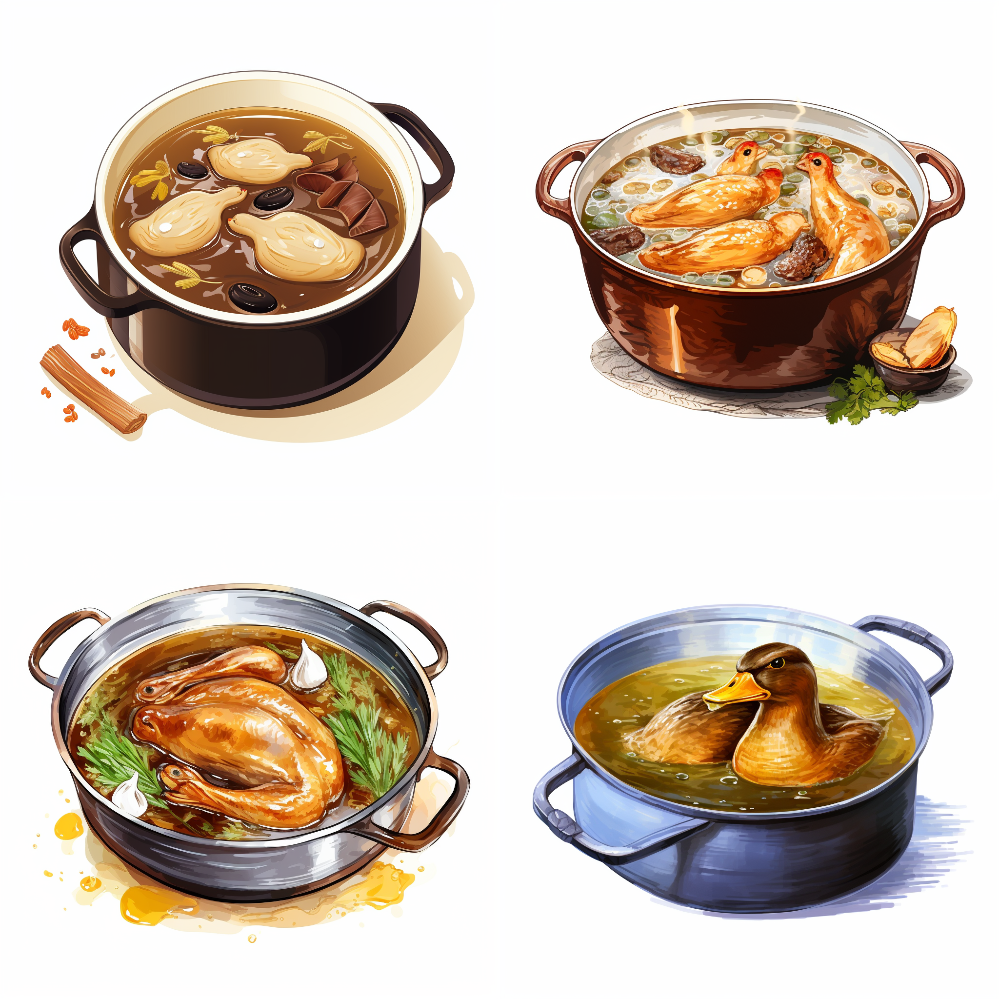 一张精美的卡通照片展示了一个诱人的鸭肉汤锅。突出了锅中丰盈的鸭肉和浓郁的汤汁。等构。白色背景。