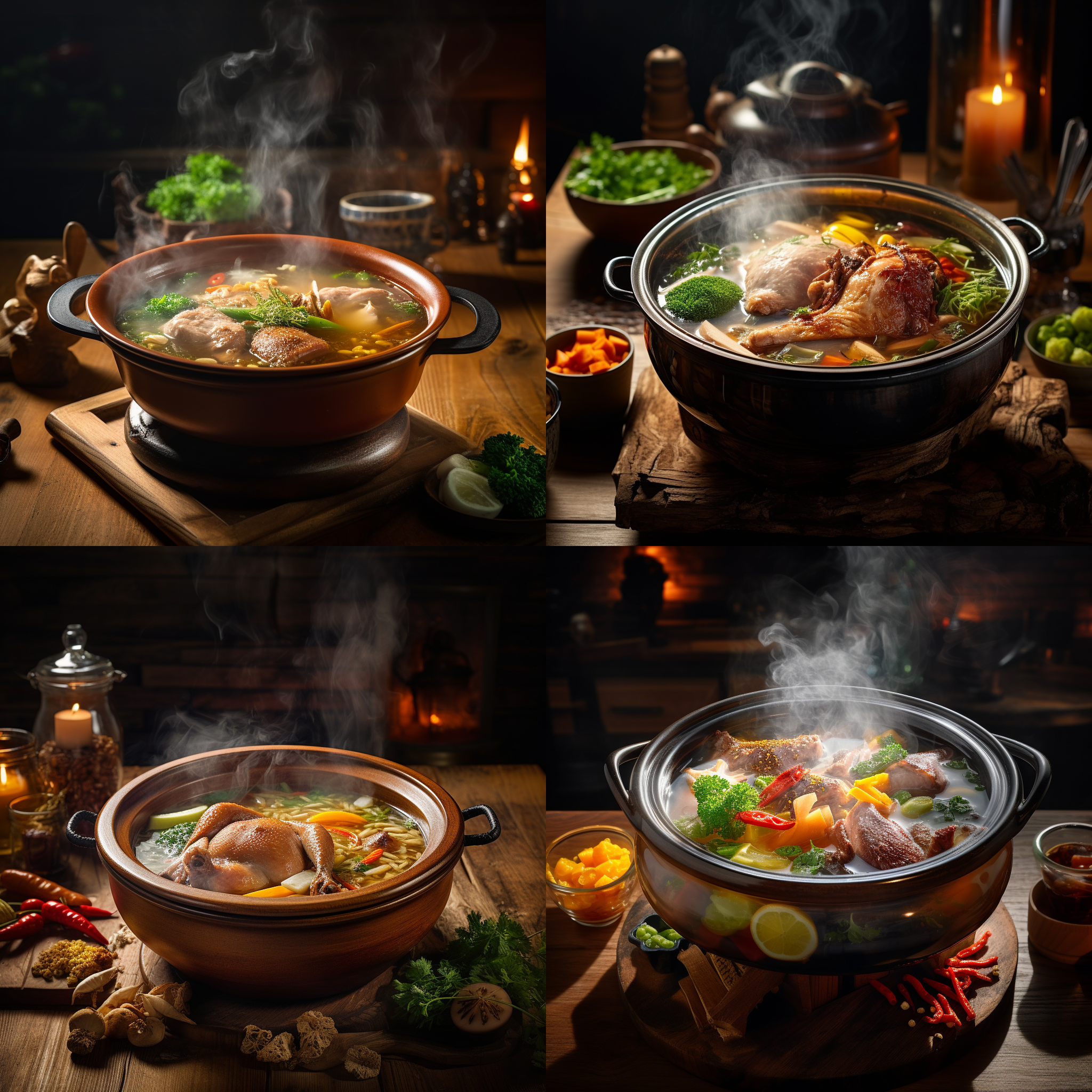 一碗热气腾腾的鸭肉汤锅，摆放在木质桌面上。锅中的鸭肉肥嫩多汁，搭配丰富的蔬菜和香料，散发着诱人的香气。透过玻璃锅盖，可见浓郁的汤汁冒着热气。光线柔和而温暖，照亮了整个场景。这张照片以食物为主题，展现出美食的诱人之处，给人一种舒适和满足的感觉。美食，诱人，舒适，满足，温暖，柔和，木质，鸭肉汤锅。