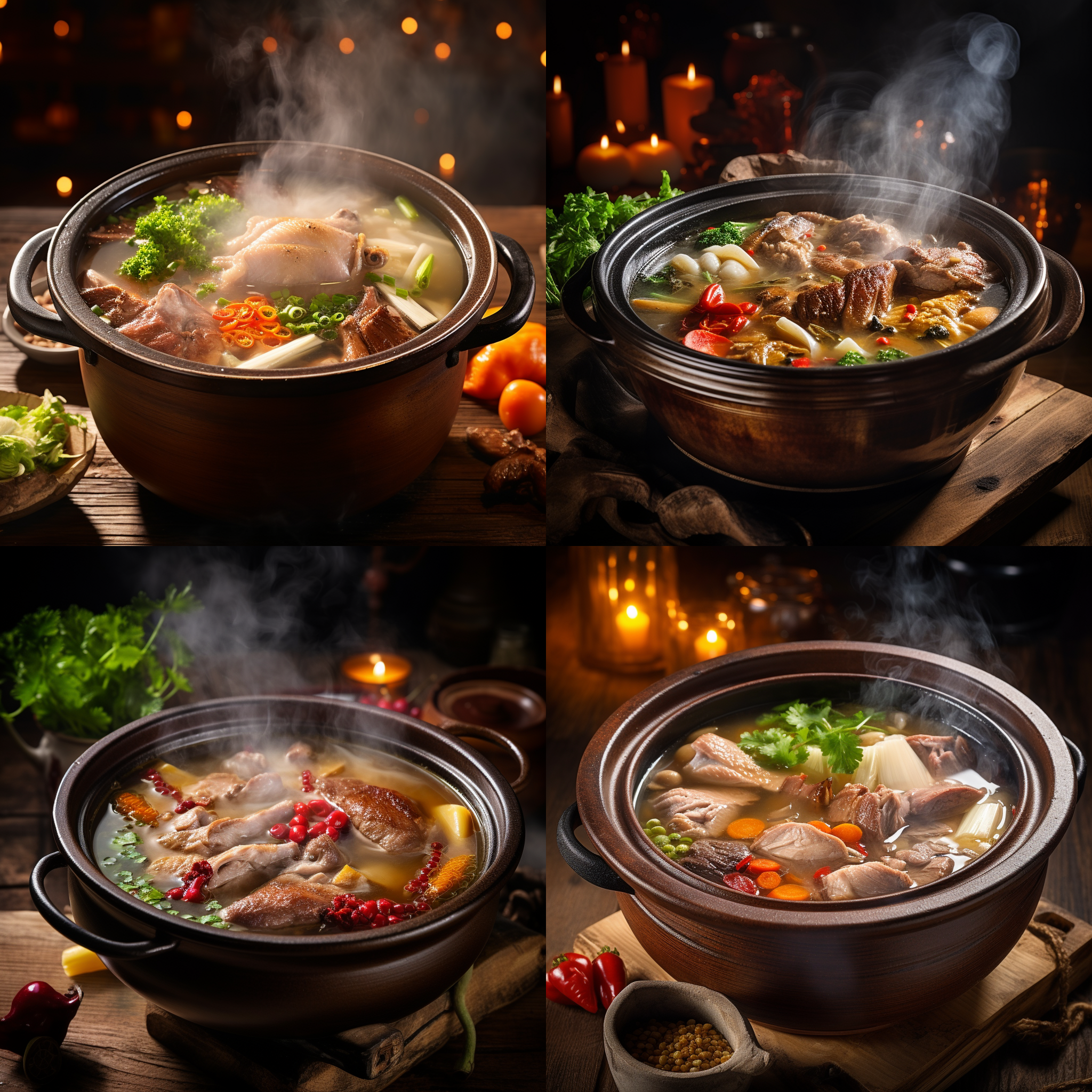 一碗热气腾腾的鸭肉汤锅。锅中的鸭肉肥嫩多汁，搭配丰富的蔬菜和香料，散发着诱人的香气。这张照片以食物为主题，展现出美食的诱人之处，给人一种舒适和满足的感觉。美食，诱人，舒适，满足，温暖，柔和，木质，鸭肉汤锅。卡通插画，白色背景。