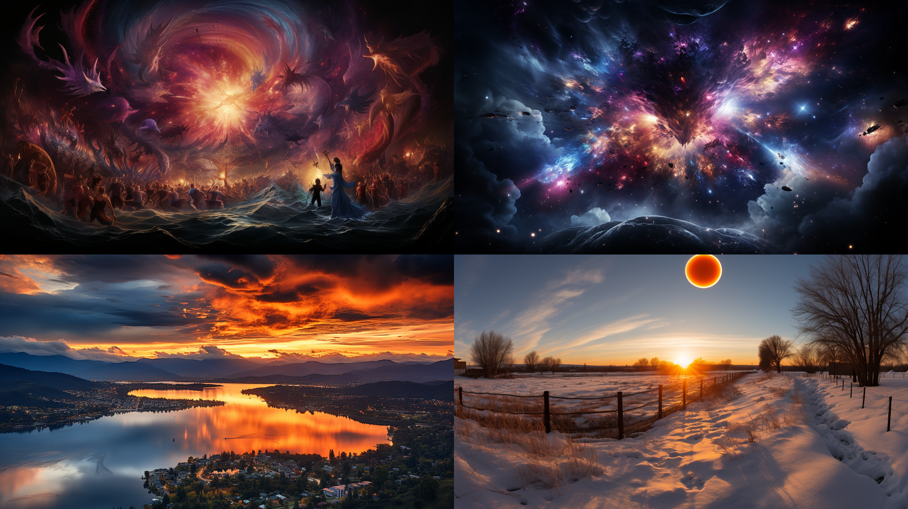 一张令人叹为观止的照片，展现了天地宇宙能量的壮丽景象。图像以宏伟的全景视角呈现，色彩鲜明，充满活力。太阳从云层中升起，照亮了山脉和大海。镜头使用广角镜头捕捉到远处的星系，将宇宙的无限能量与地球上的生命交织在一起。这张照片唤起了惊叹、敬畏和无尽的探索欲望。摄影技术：广角镜头、全景拼接、自然光线、饱满的色彩、高对比度、动态构图。情感：壮丽、神秘、探索、敬畏、无限。