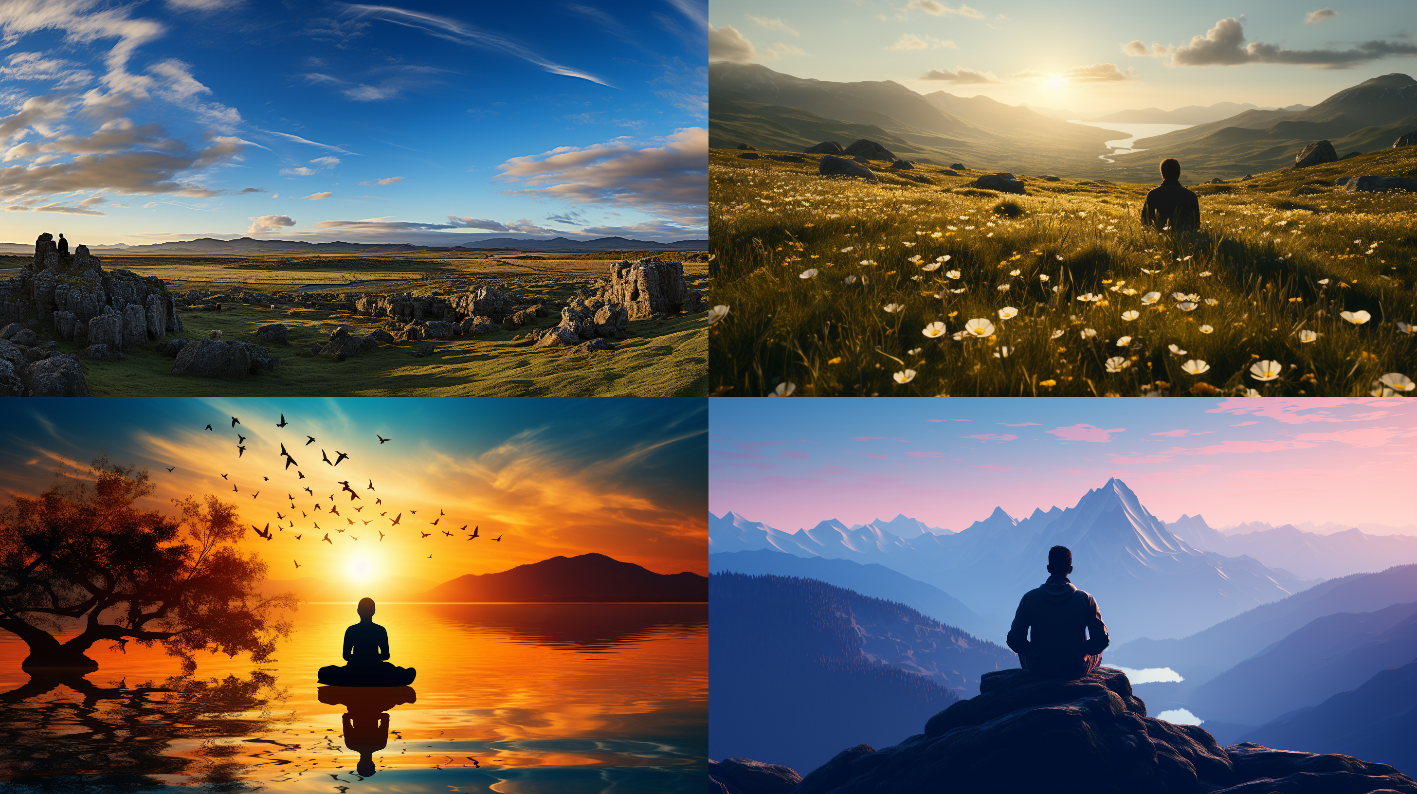 一位打坐者独坐于广袤无垠的草原中央，身旁开满五彩斑斓的野花。太阳透过云层洒下柔和的金光，照亮他沉静的面容。广角镜头将壮丽的自然景色与人物融为一体，展现宏伟与宁静并存的画面。摄影风格充满魅力，光线恰到好处，构图巧妙，色彩丰富多样。激发观者内心的宁静、平和与敬畏之情。