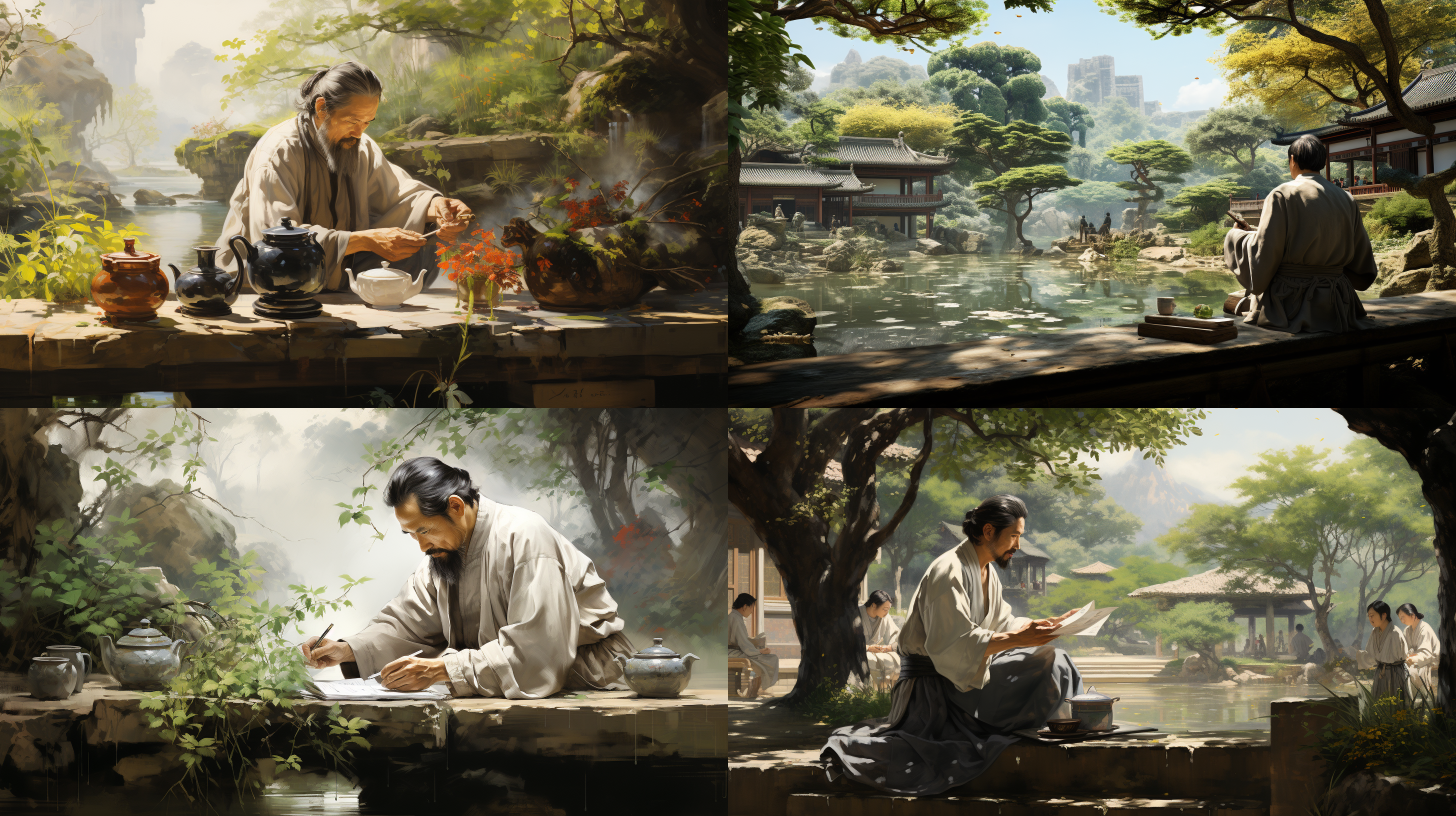 中国唐代洛阳城里私家庭院里，古代服饰中年男子坐在花园凉亭下，看水池赏花喝茶，上半身特写，现实感，阳光，午后，古典园林背景，超逼真，复杂的细节，假山石头，花草，