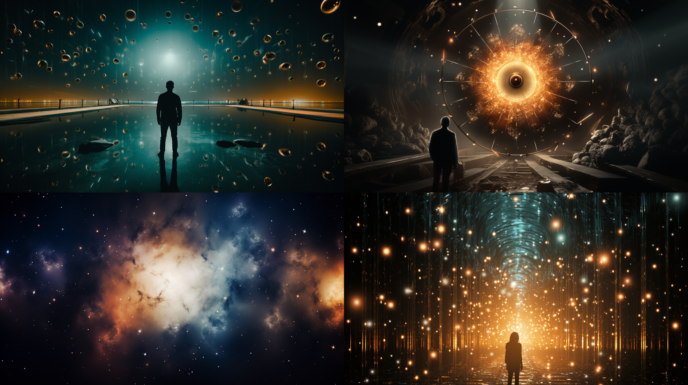 浩瀚宇宙之中。用广角镜头拍摄，背景呈现出壮丽的星云和星系，强烈的对比突出了人物的孤独感