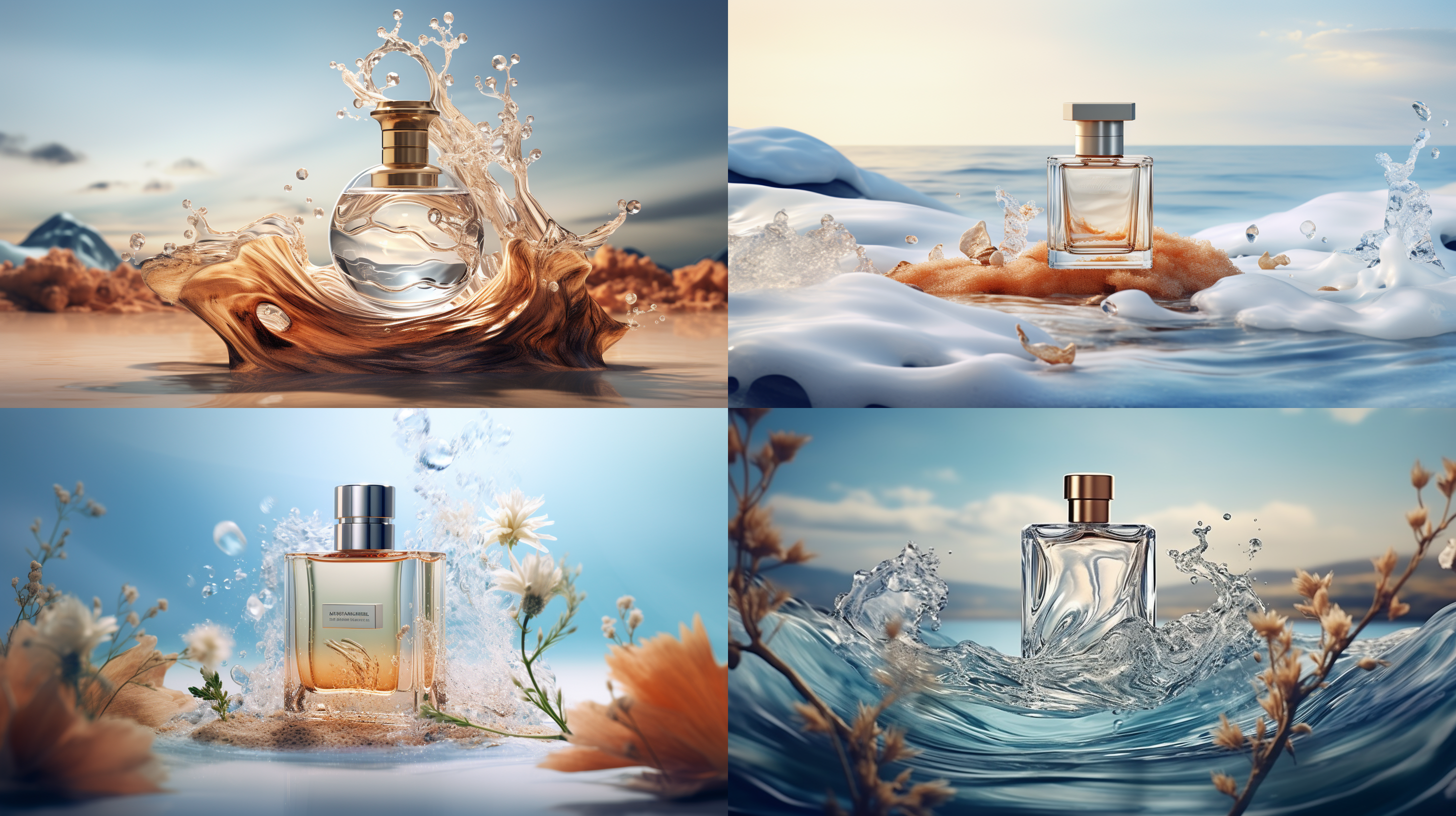 在纯白色背景下，为新品香水制作一张创意海报，体现海洋，清新，自然檀木等香精调味，产品适合男士40岁左右，人物细节展示，3d，c4d风格，8k展示 