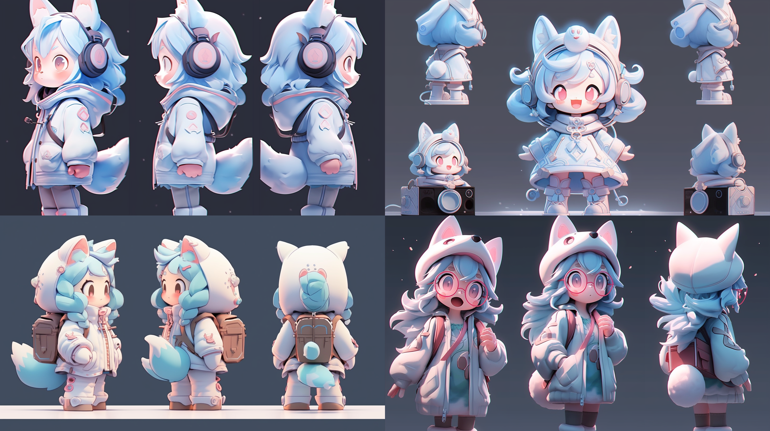 blind box style fox girl character, cool，sense of technology，blue seriesbaggy pants, headphones,clean background, natural lighting,8k, best quality, ultra - detail, three-view drawing，3d, c4d, blender, oc renderer, ultra hd, 3d rendering, stand, fullfrontal