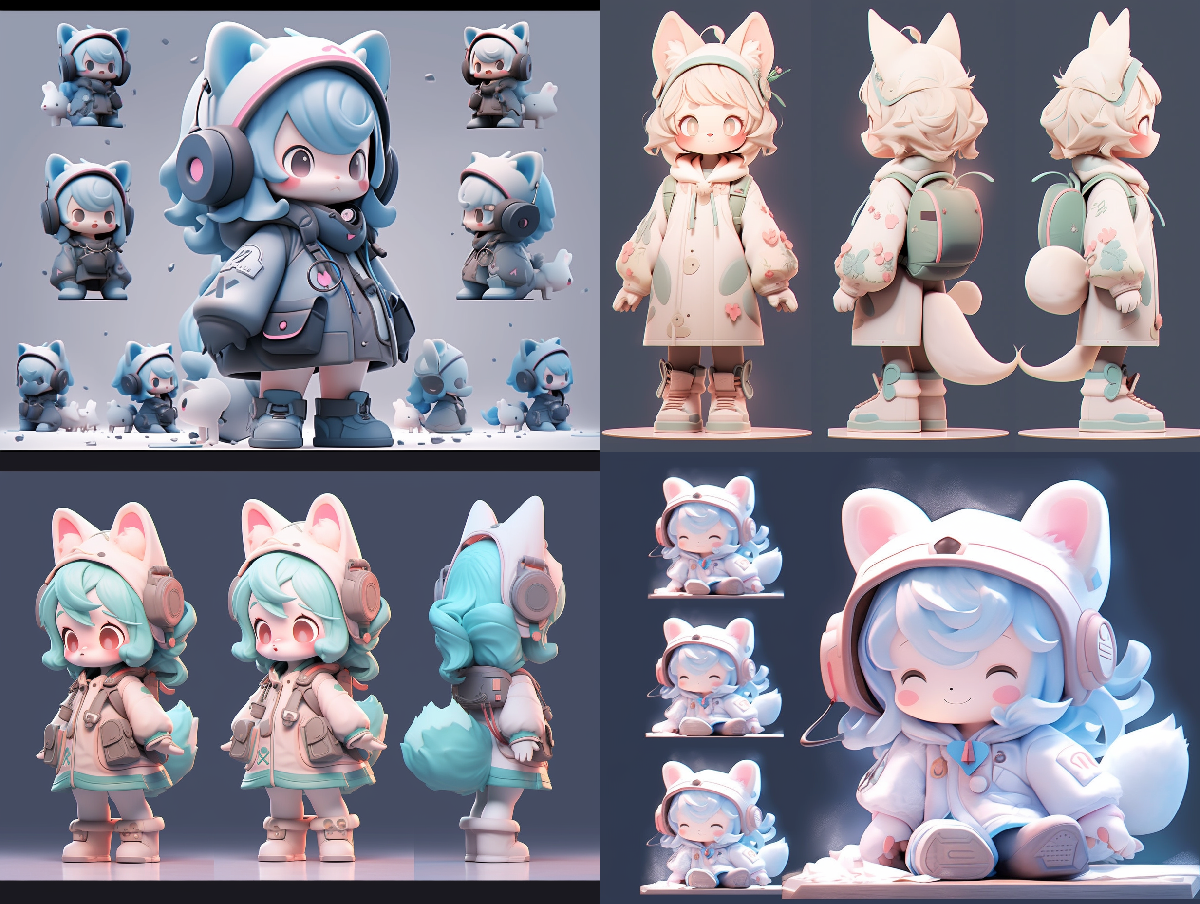 blind box style fox girl character, cool，sense of technology，blue seriesbaggy pants, headphones,clean background, natural lighting,8k, best quality, ultra - detail, three-view drawing，3d, c4d, blender, oc renderer, ultra hd, 3d rendering, stand, fullfrontal