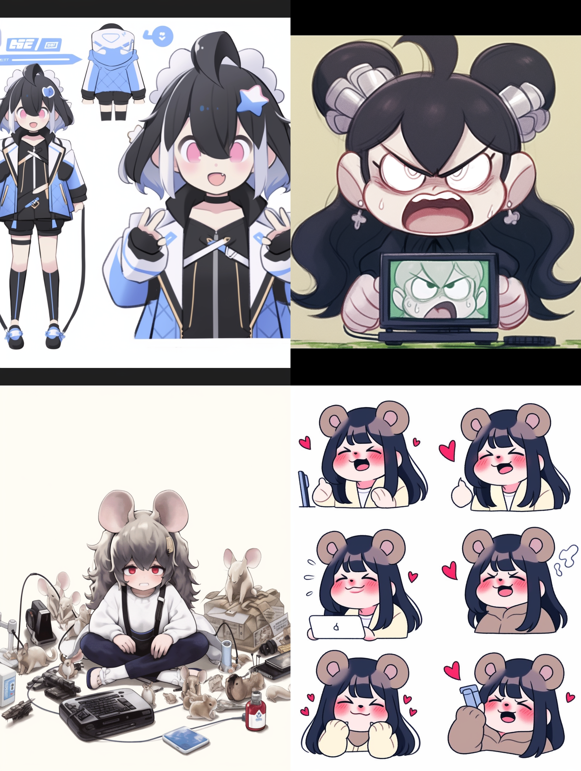 a girl with a sense of technology, close shot face, close shot expression, full body mouse expression and action, exaggerated action, happy, angry, sad, surprised and other emotions,white background, sticker art design of q version design, super definition,8k nine grid layout