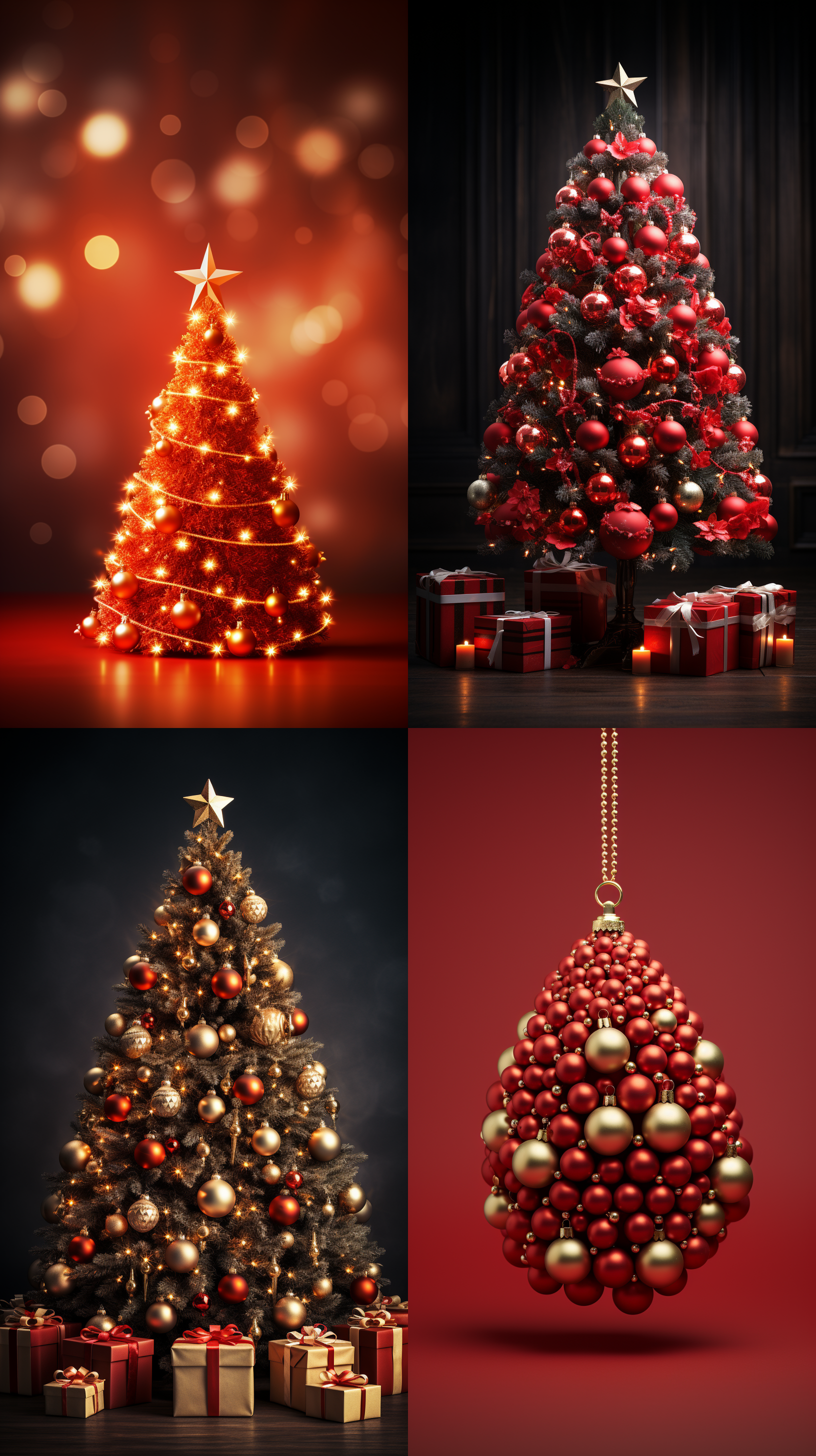 圣诞树，平面广告，简洁高级，红色背景，对称构图，线条简洁流畅，细节精致，明亮的照明，浅色调，正方形，现代感，温馨，喜庆。