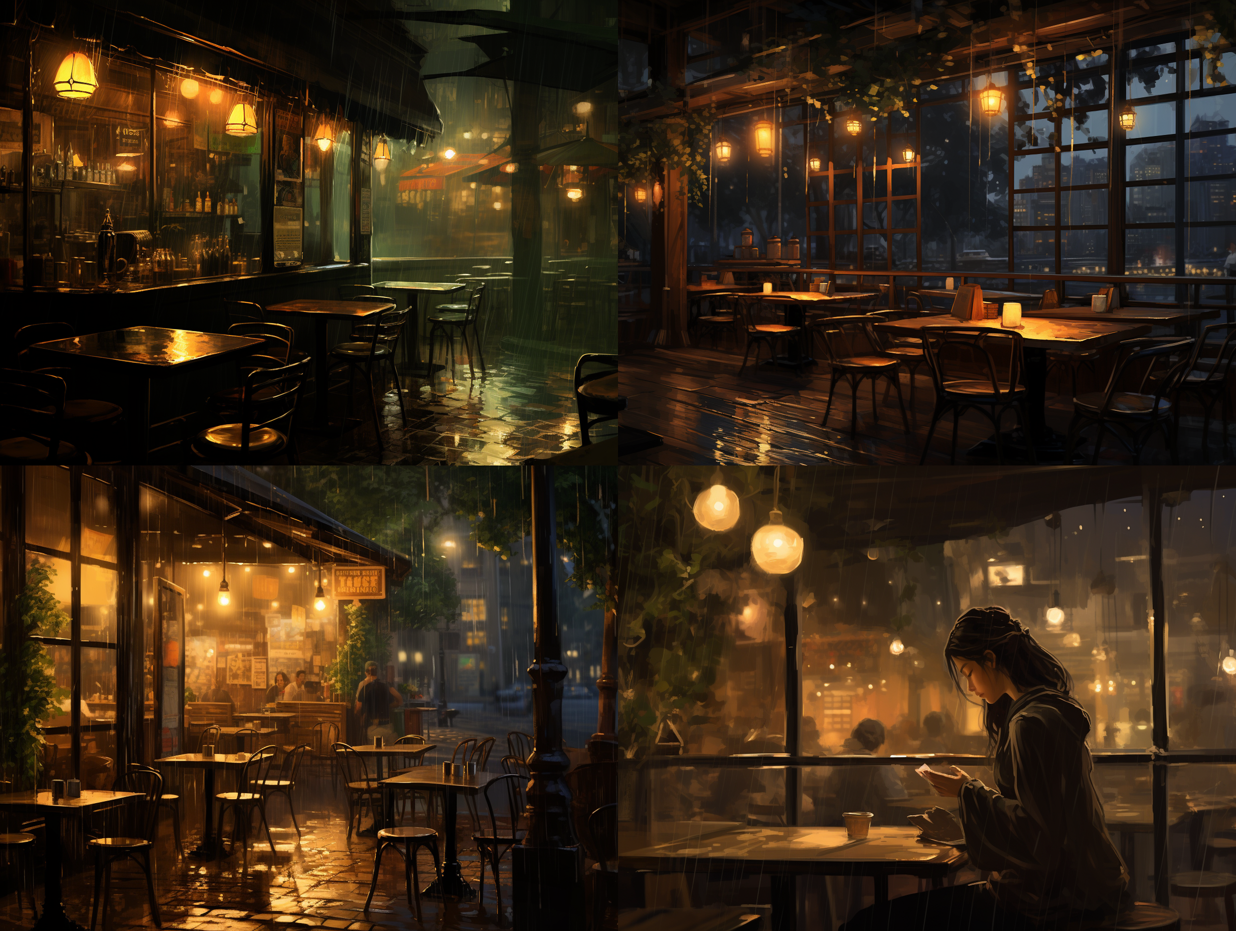 在咖啡店里，温暖的灯光，雨天