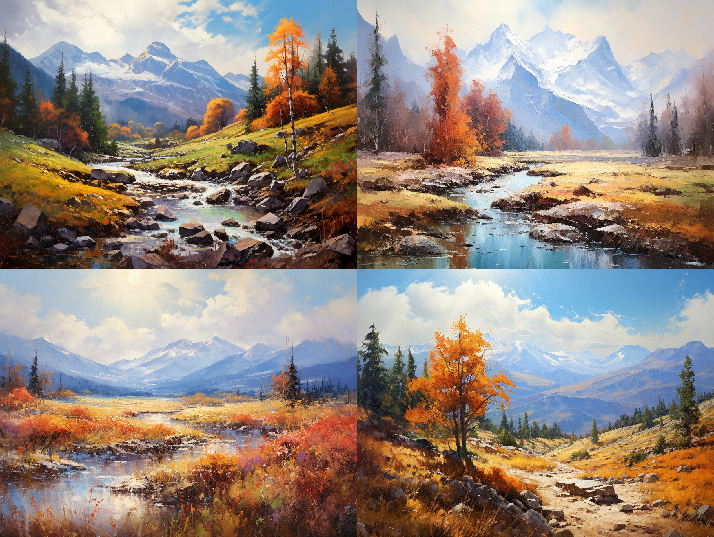 mountain landscape, sunshine, autumn, oil painting