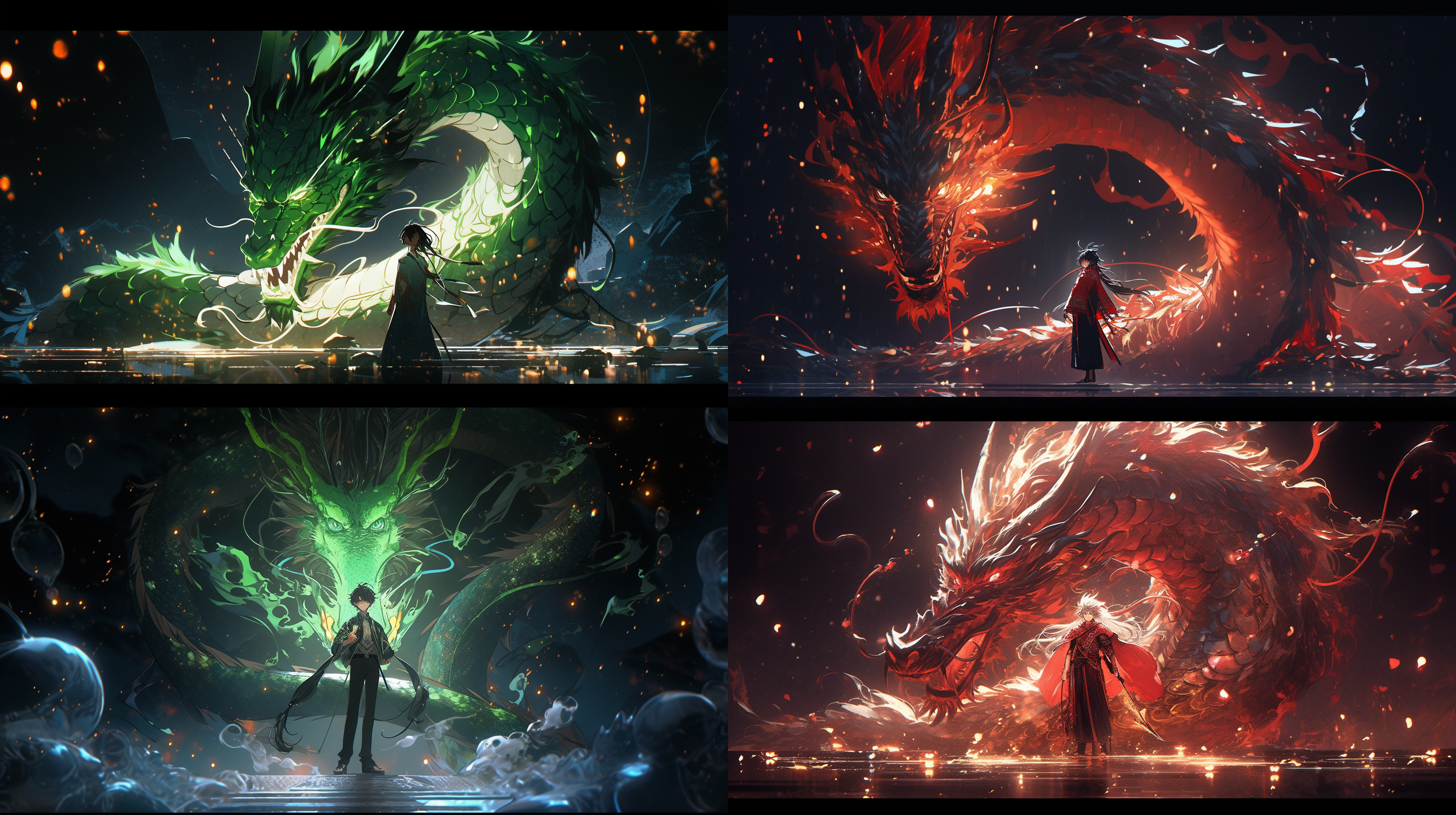 戏剧性对比，潮剧，ip，盲盒，全身，中式，龙族少年，汉服，微笑，大眼睛，红色长发，玻璃材料，碱，光学，周围的精灵，怪物，纯黑色背景，粒子，粒子，金光，荧光，绿色，艺术站趋势，辛烷值渲染，8k, hd, 3d, c4d, blender