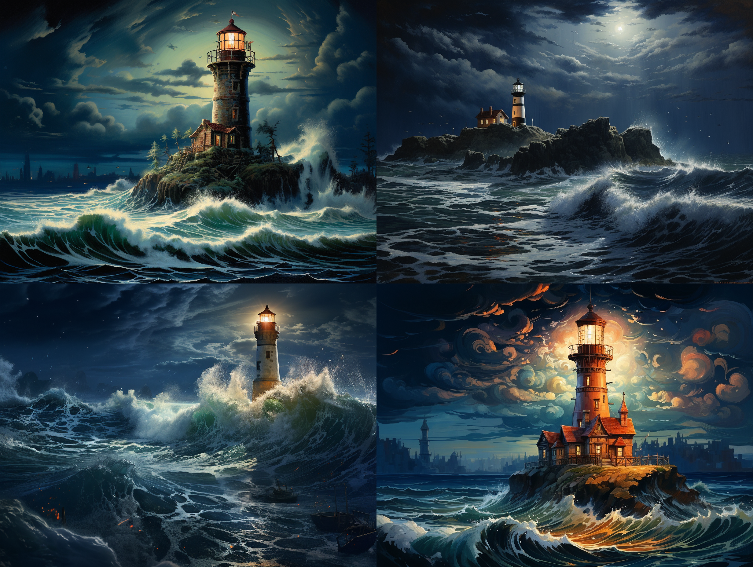 夜间景象，在开阔的海平面上，闪烁一座灯塔，照耀整个海平面