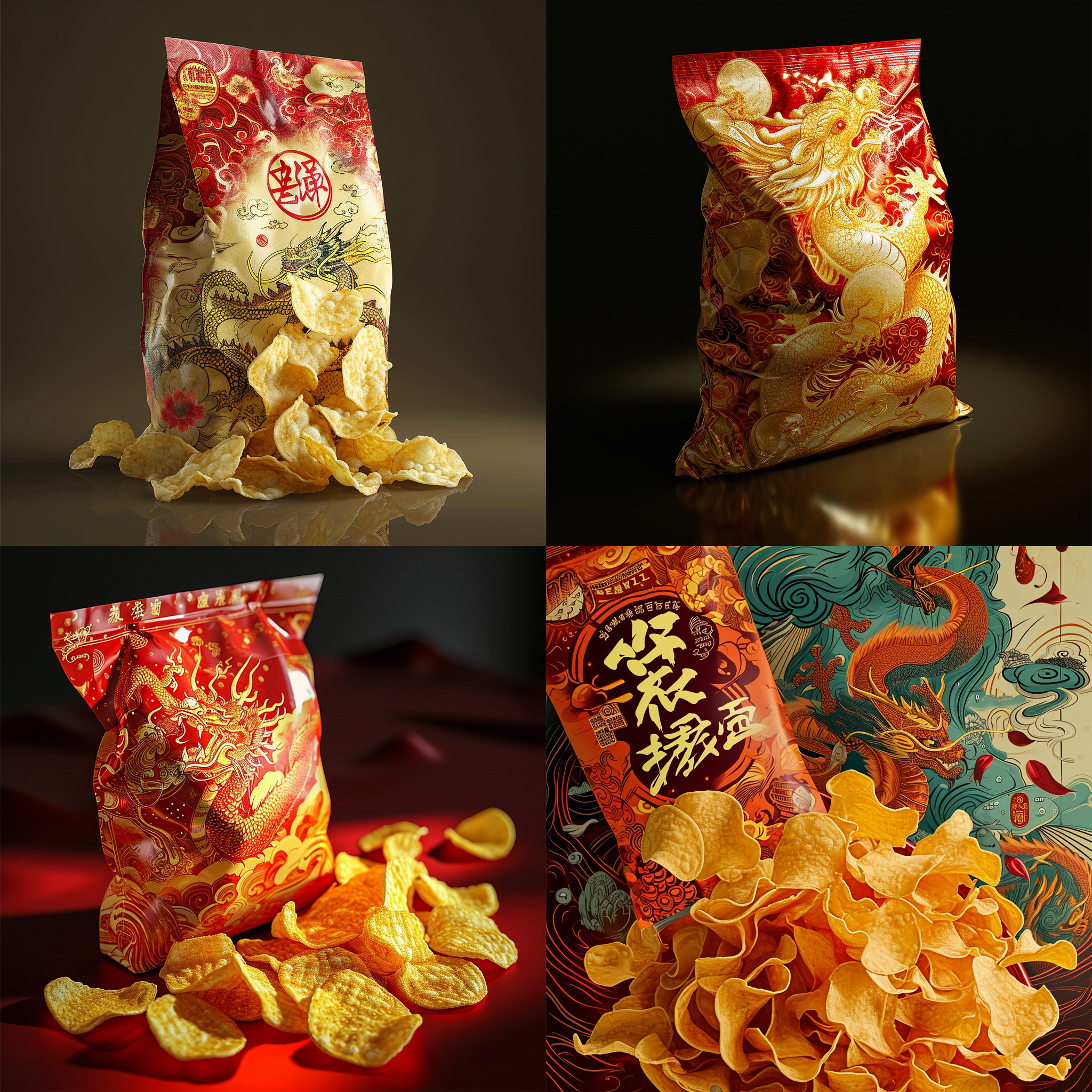 一个造型独特的薯片零食包装袋，大胆的想象，淡金色与红色主色调，国潮风格,梦幻般的插画，卡通龙元素，铝膜材质,高细节,产品摄影，影棚光照，中国新年氛围