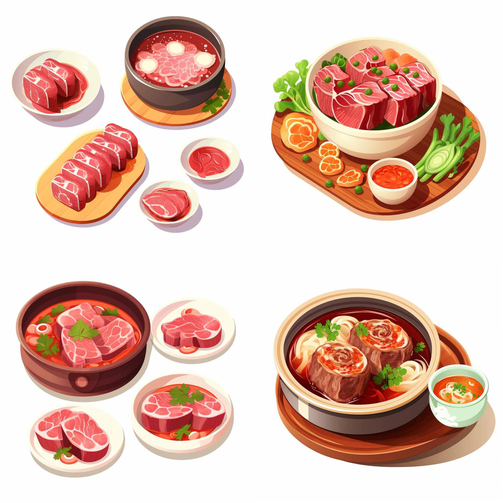 一碗牛肉卷汤，一碗酸汤肥牛，一碗卷起来的牛肉片，矢量元素，卡通元素，简单配色，白色背景，等距。