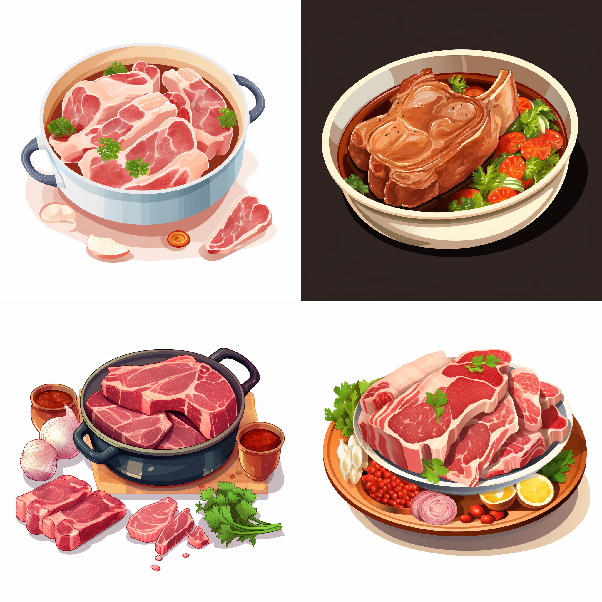 chops，pork rib soup，矢量元素，卡通元素，简单配色，白色背景，等距，大师作品，8k画质。