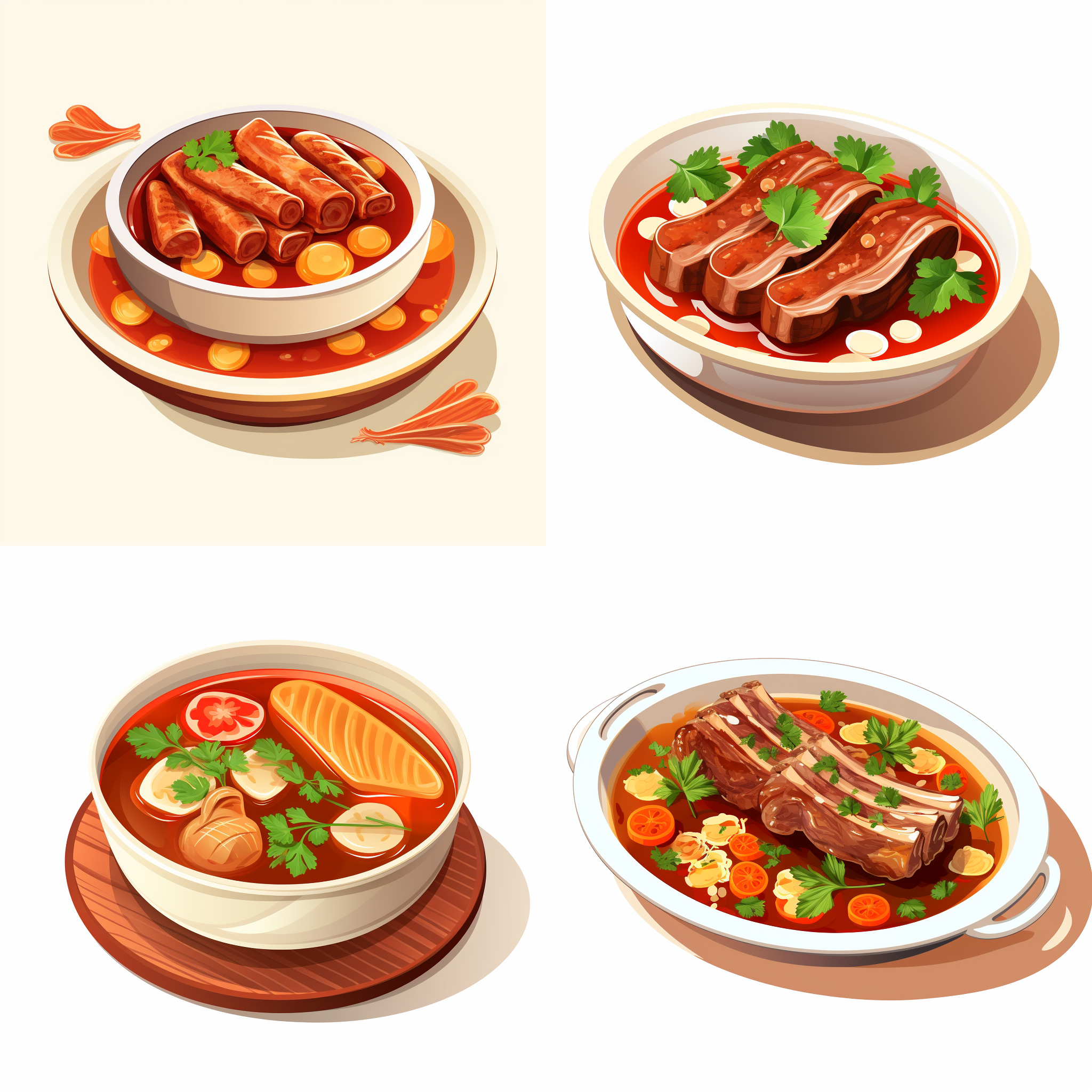 place the ribs in the soup，矢量元素，卡通元素，简单配色，白色背景，等距，大师作品，8k画质。