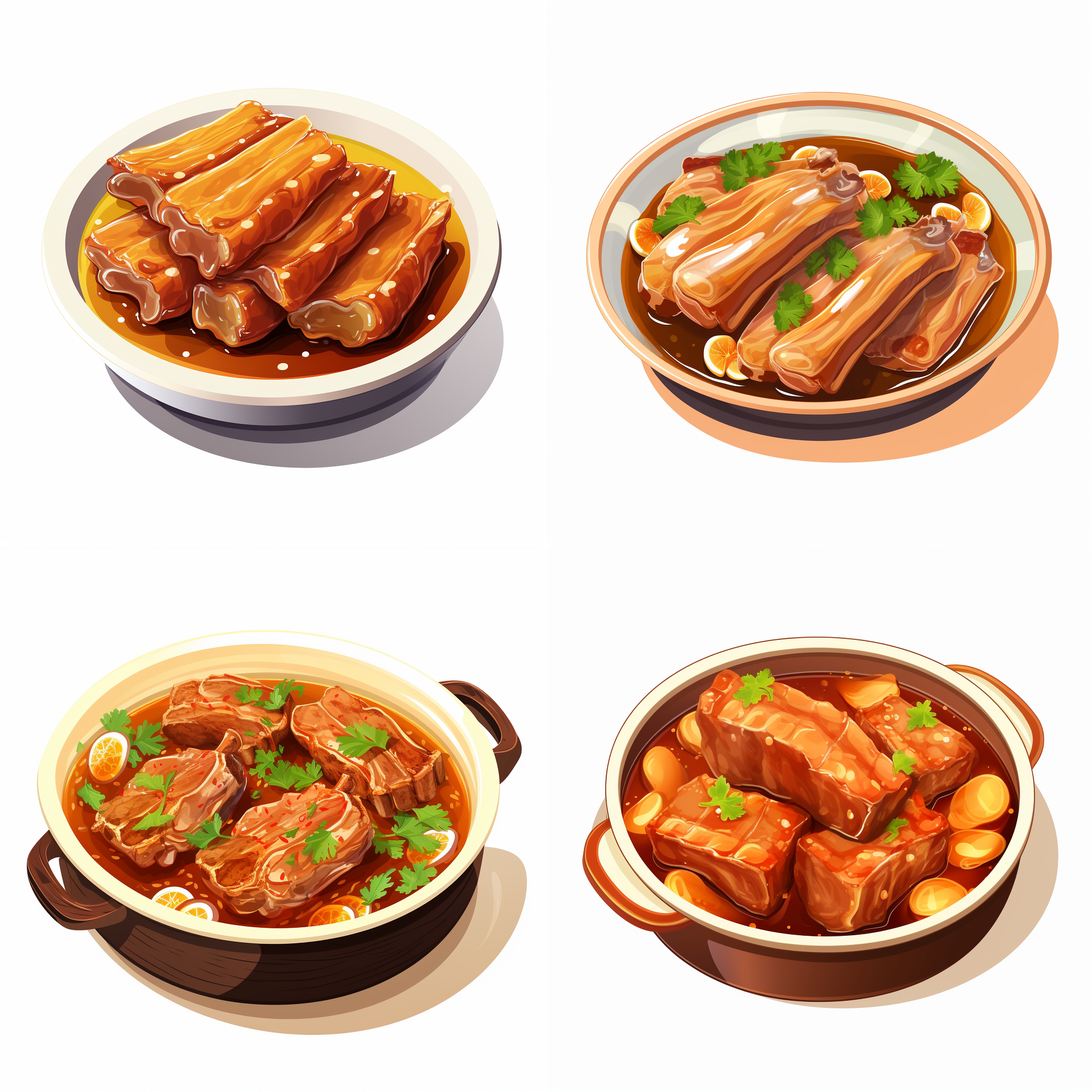 炖排骨，金色的排骨汤，矢量元素，卡通元素，简单配色，白色背景，等距，大师作品，8k画质。