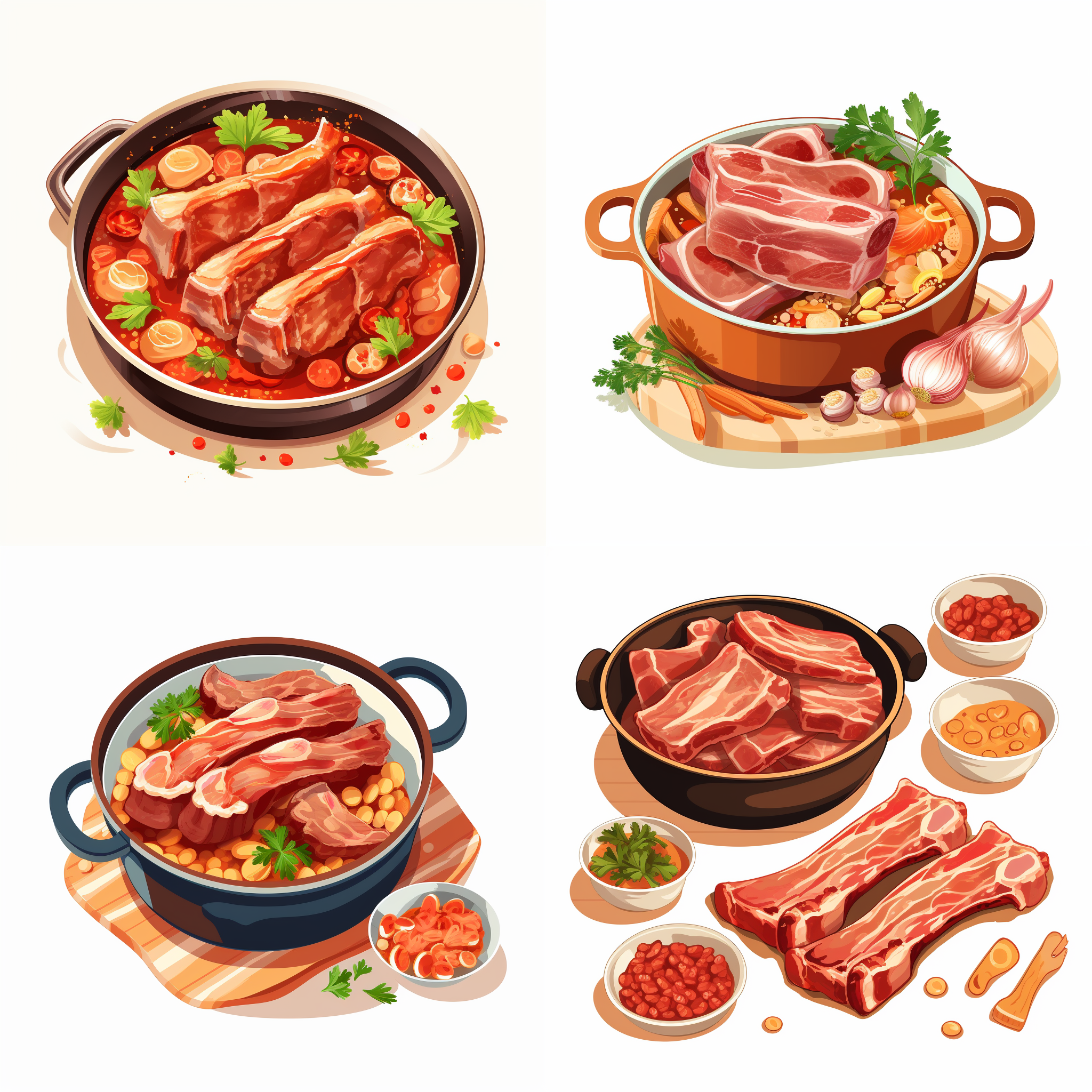 排骨，汤，炖排骨，排骨汤，矢量元素，卡通元素，简单配色，白色背景，等距，大师作品，8k画质。