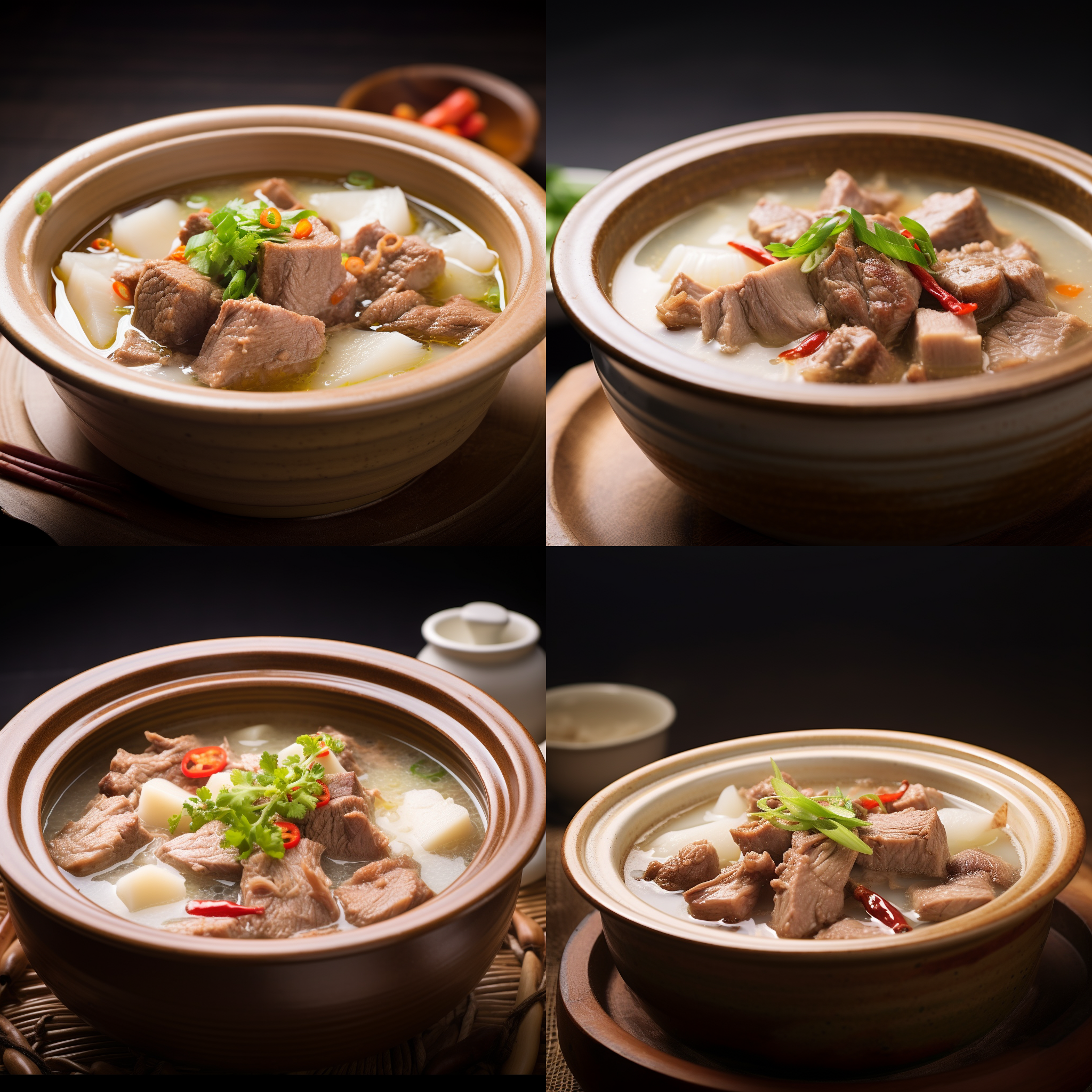 一张精美的照片，拍摄了一碗滚烫的排骨汤。景深适中，焦点清晰，将汤的质感展现得淋漓尽致。照片采用柔和的自然光线，突出了汤的色彩和温暖感。构图简洁大方，凸显了汤的主题。颜色饱满，呈现出诱人的金黄色调。通过照片，传递出舒适、温馨和满足的情感。摄影技术：浅景深，自然光源，清晰焦点，金黄色调。情感：舒适、温馨、满足。