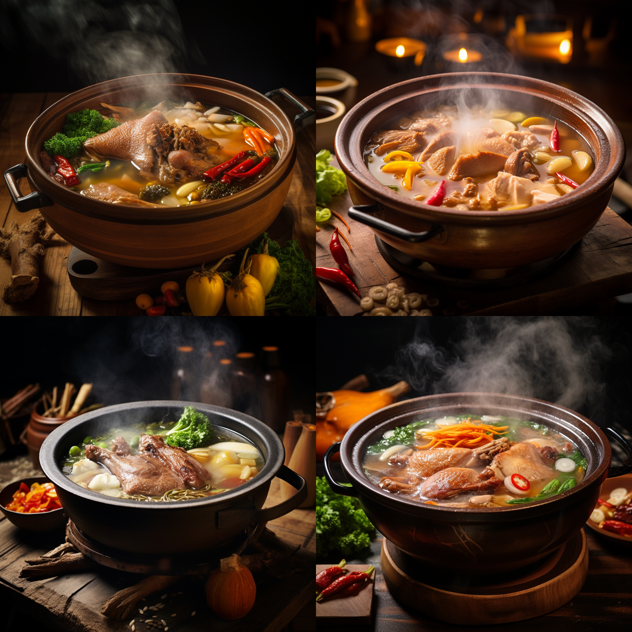 一碗热气腾腾的鸭肉汤锅。锅中的鸭肉肥嫩多汁，搭配丰富的蔬菜和香料，散发着诱人的香气。这张照片以食物为主题，展现出美食的诱人之处，给人一种舒适和满足的感觉。美食，诱人，舒适，满足，温暖，柔和，木质，鸭肉汤锅。这张图是卡通的矢量图，白色背景。