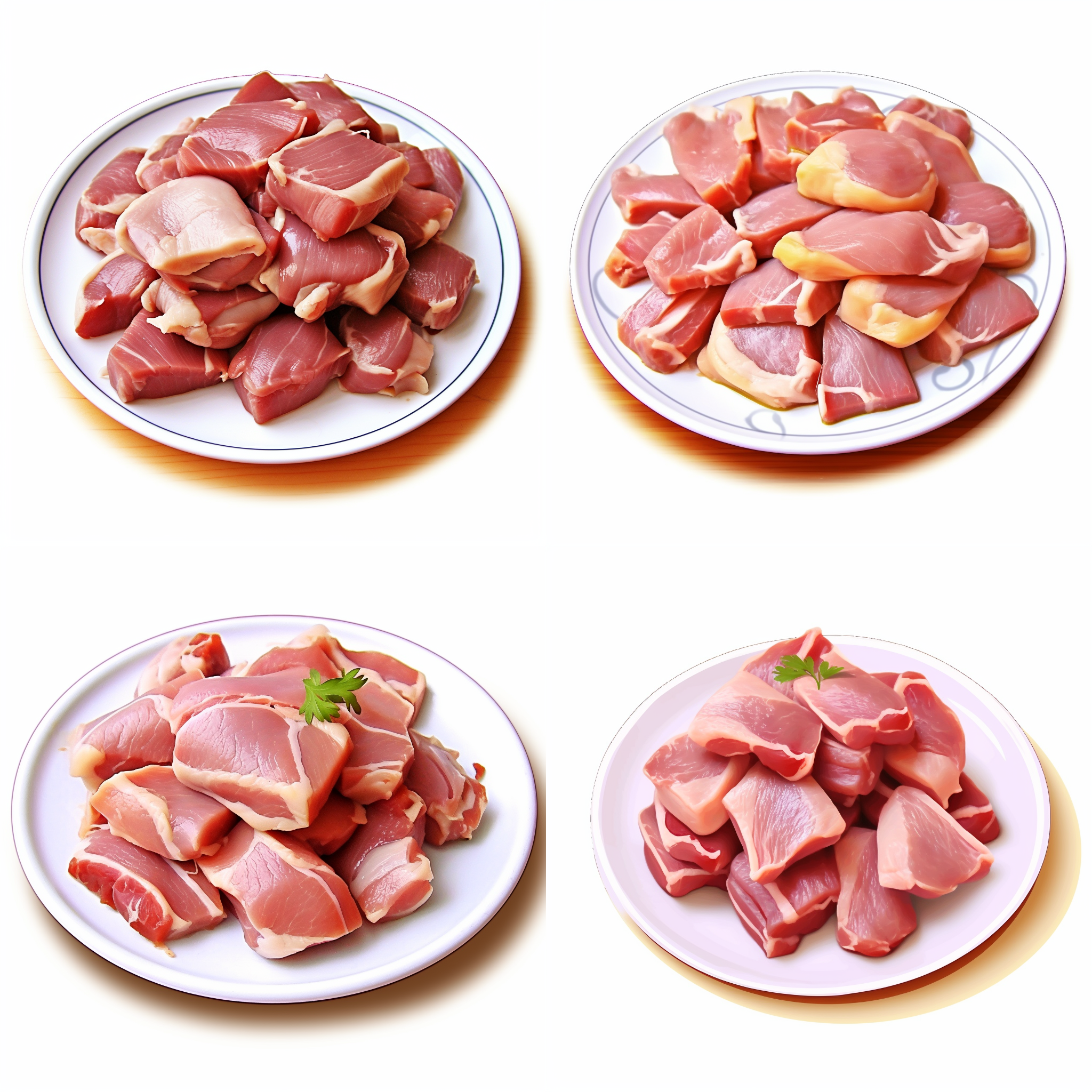 生鸭肉块堆砌着放在盘子里，卡通风格，简单的配色方案，白色背景，