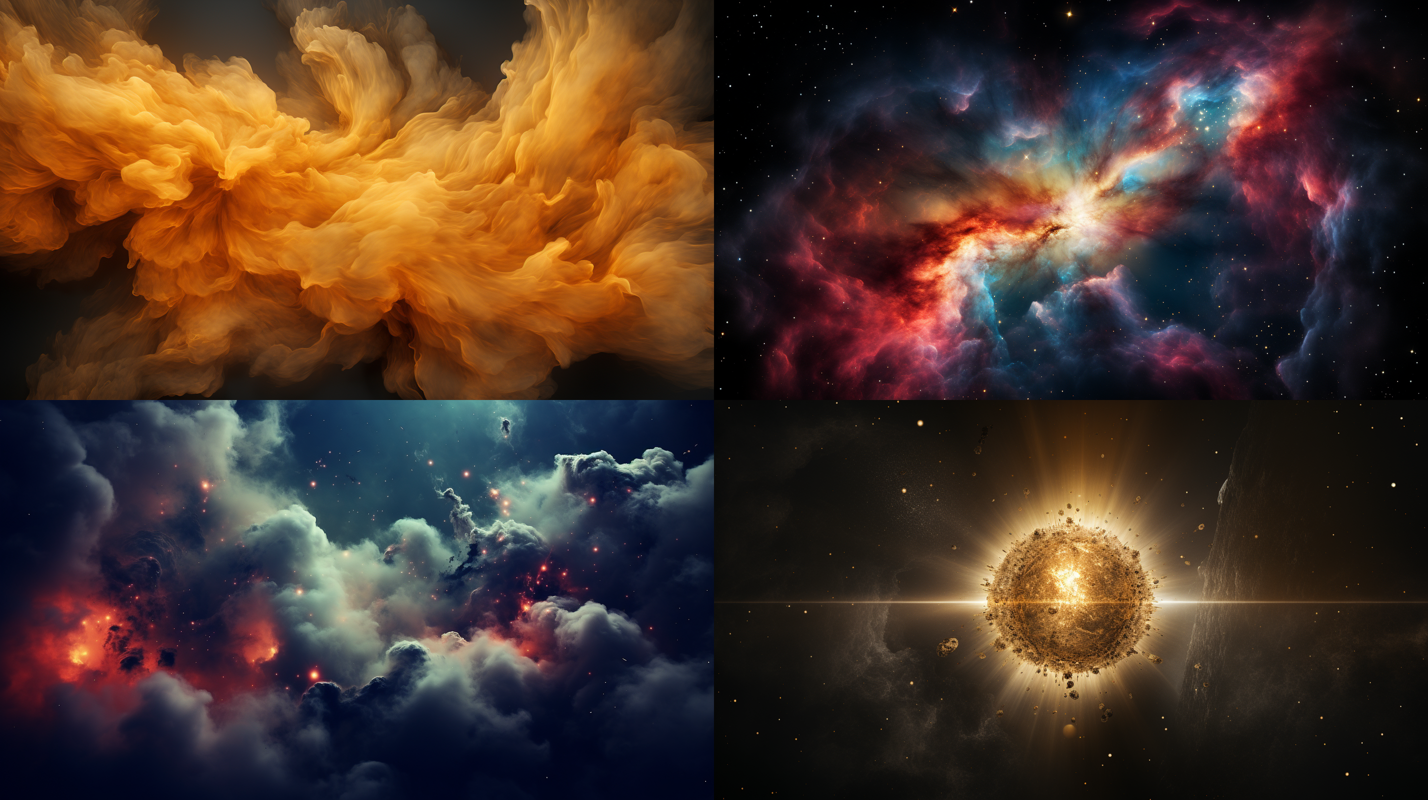 一张宇宙能量的特色照片：在黑暗的夜空中，一颗明亮的恒星闪耀着金色的光芒，照亮了周围的星云。通过广角镜头拍摄，星云形成了华丽的纹理和流动的形状，给人一种壮观的感觉。这张照片运用了长曝光技术，增强了恒星的光芒，并创造出柔和的星轨效果。色彩鲜艳，充满活力，激发人们对宇宙的无限想象力和神秘感。能量，恒星，星云，广角镜头，长曝光，星轨效果，色彩鲜艳，活力，神秘感