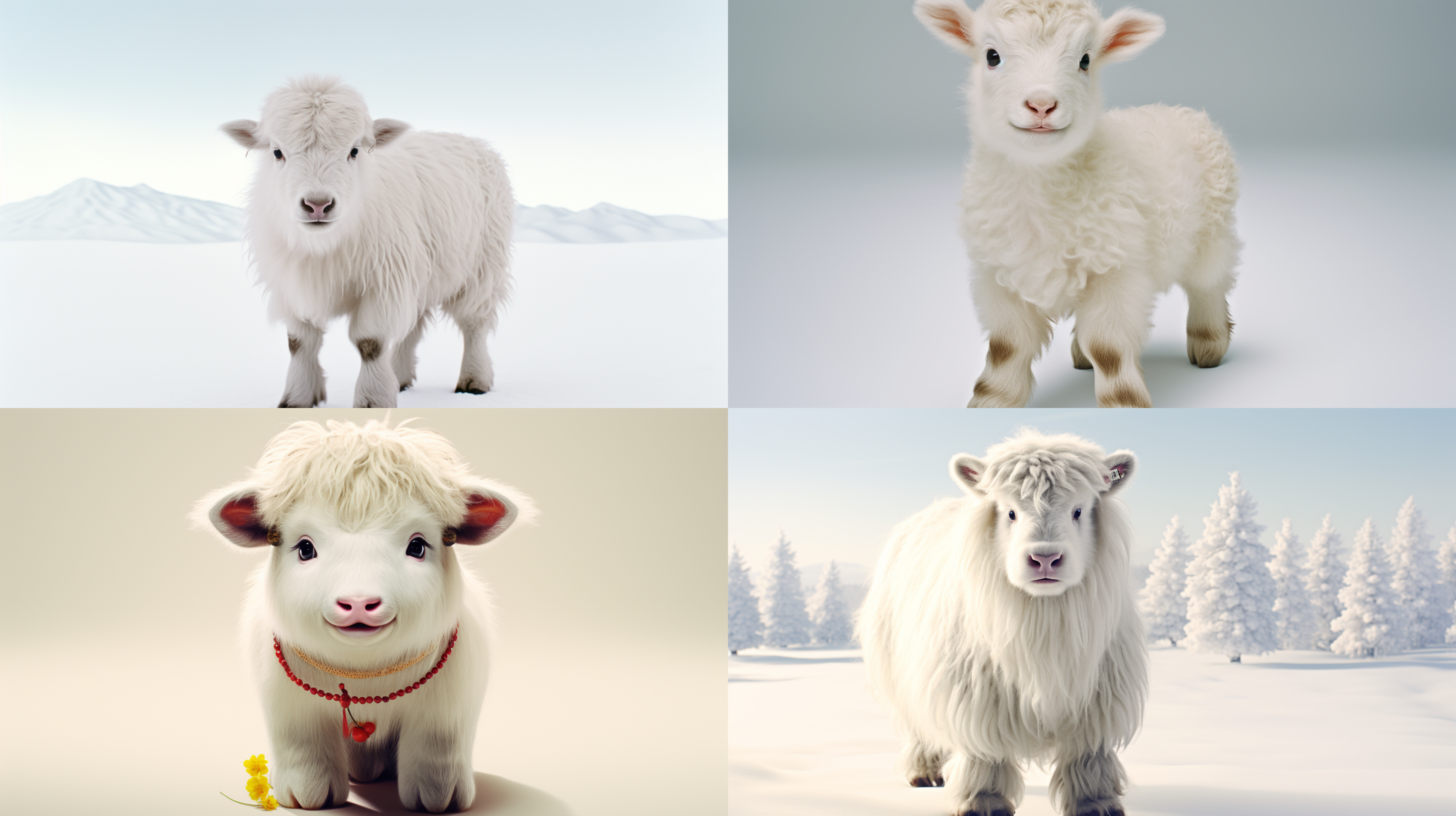 一头白色的小牦牛在纯白背景中优雅地站立，透过广角镜头捕捉其可爱的形象。光线柔和，照亮了牦牛的绒毛，展现出温暖的氛围。构图简洁，牦牛的姿势突出其纯洁和纯真。白色的主题与牦牛的颜色相得益彰，形成强烈的对比。清新、宁静、可爱、纯洁、温暖