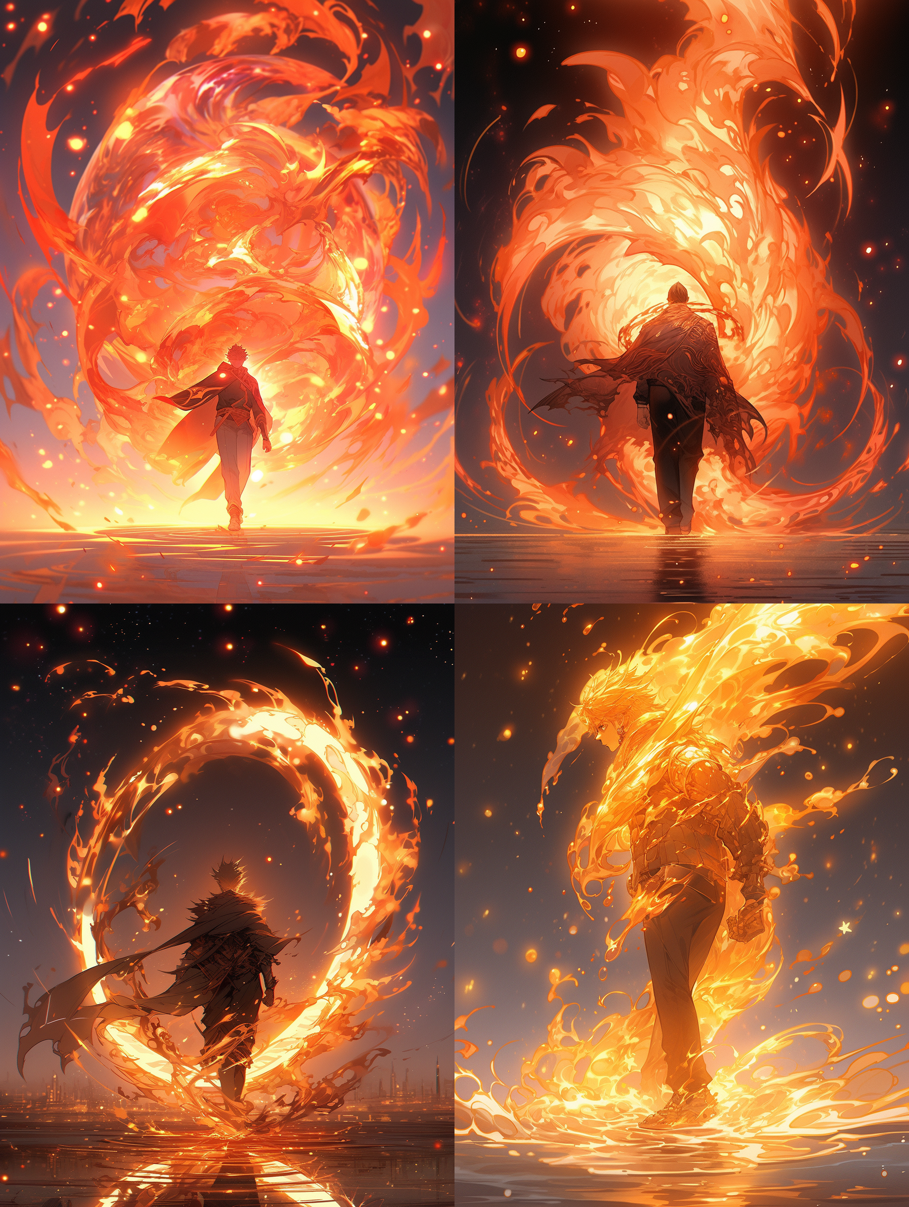 fantasy,a man waving hand,playing and splashing flame,full body,aura,vortex fire,fire spring,heat,red and light gold,halo bokeh,back lighting,super detail,3d rendering,panning shot,side view,vast view