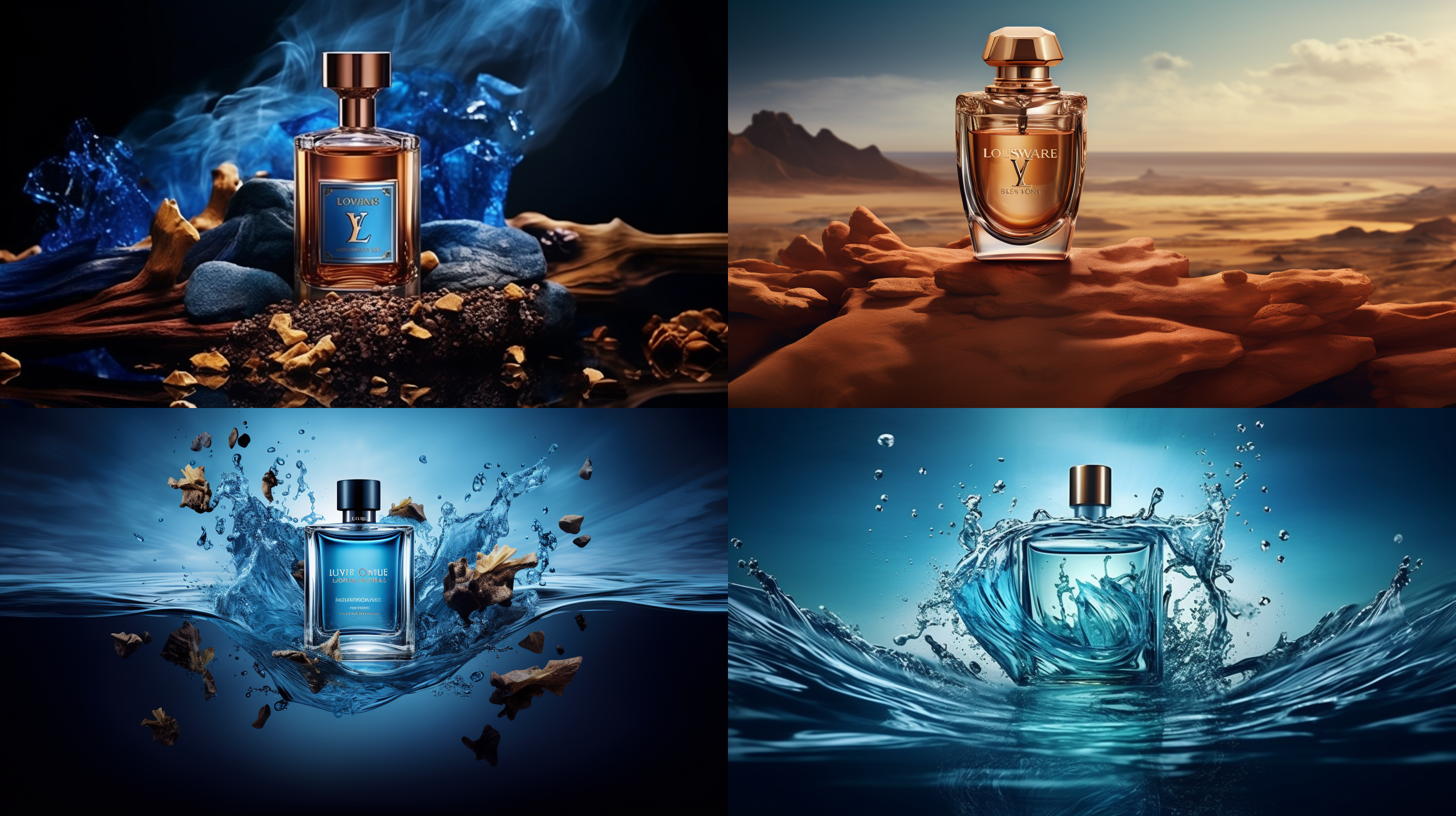 为lv 新品香水制作一张创意海报，体现海洋，清新，自然檀木等香精调味，产品适合男士40岁左右