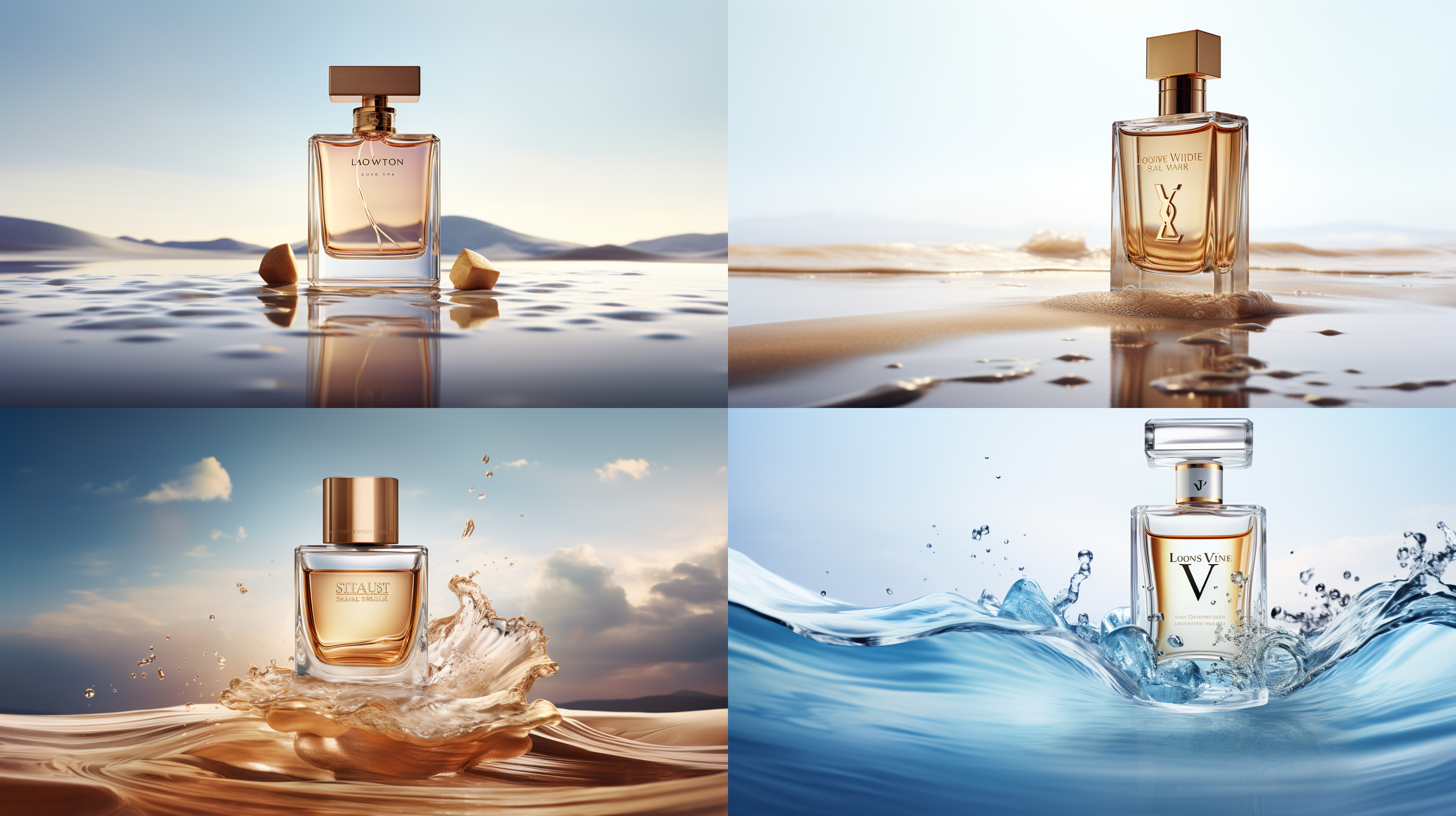 在纯白色背景下，为lv 新品香水制作一张创意海报，体现海洋，清新，自然檀木等香精调味，产品适合男士40岁左右 