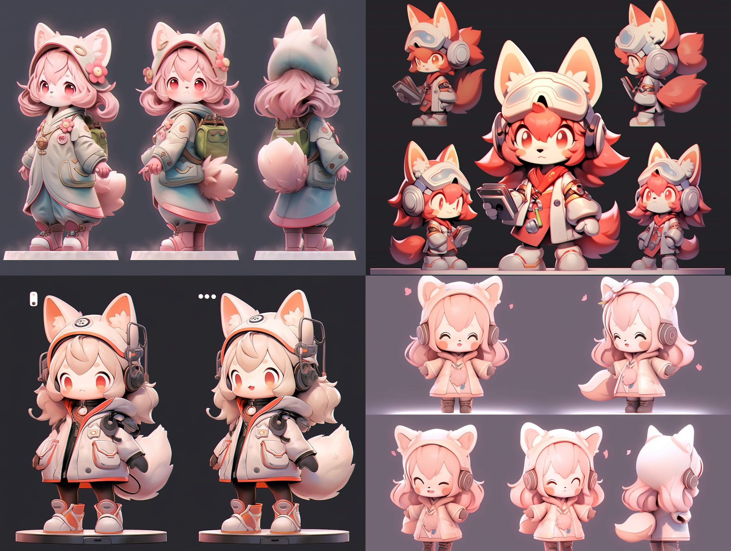 blind box style fox girl character, cool，sense of technology，blue seriesbaggy pants, headphones,clean background, natural lighting,8k, best quality, ultra - detail, three-view drawing， c4d, blender, oc renderer, ultra hd, rendering, stand, fullfrontal，flat coloring