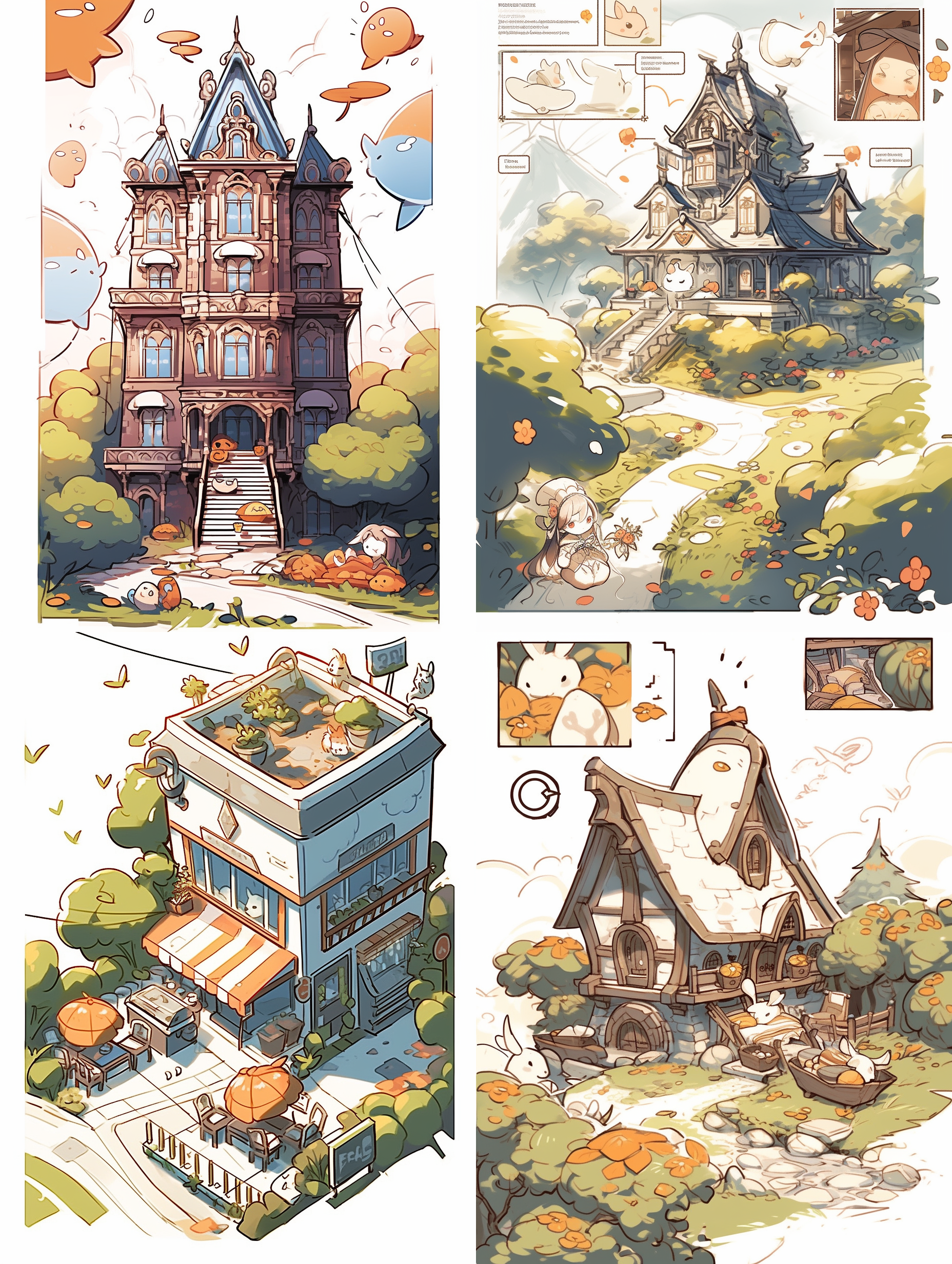 即时设计图标为主体建筑，漫画风格，细节，高清，插画上色