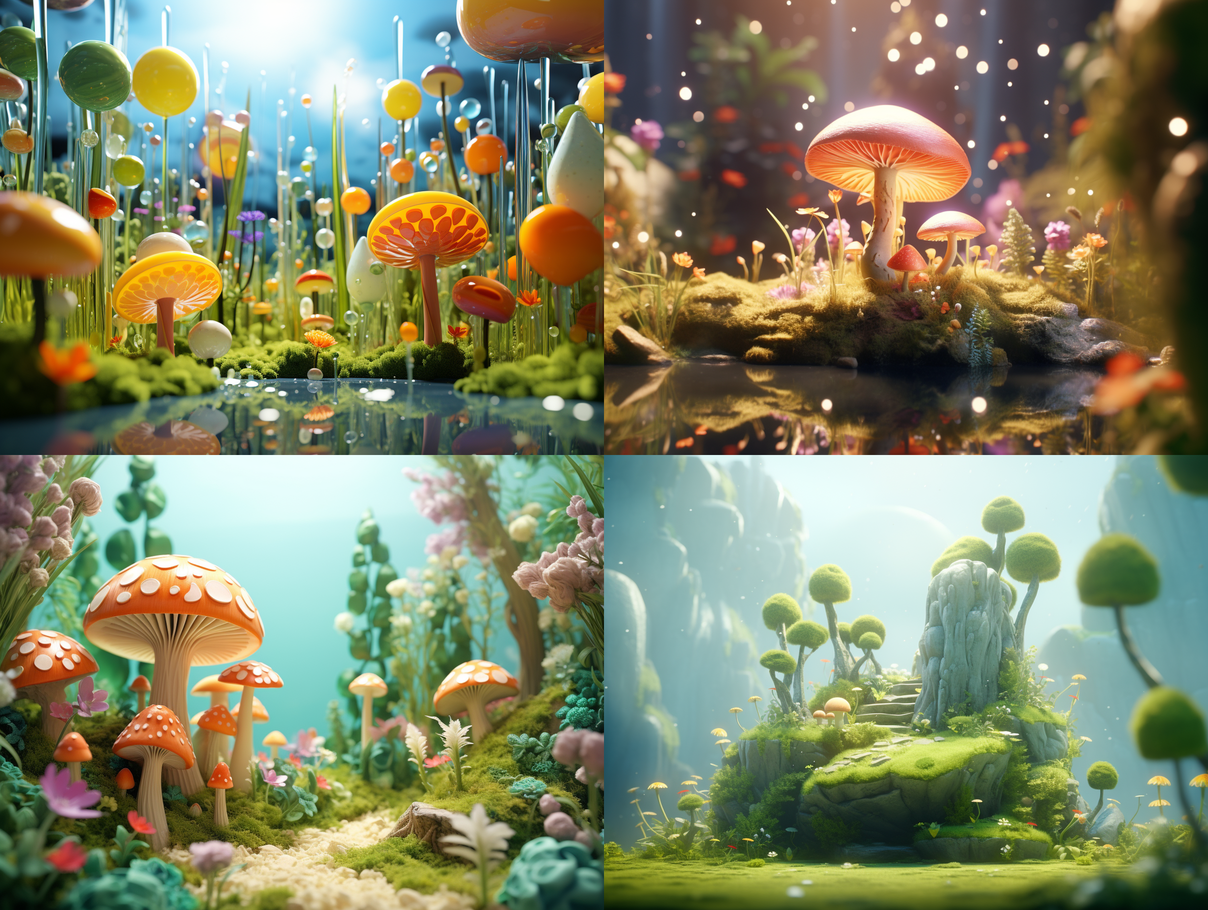 生成一个背景，森林里，有天空，景深，高端自然配色，明亮和谐，泡泡商城风格，卡通写实，图书插图风格，海派，有机雕塑，c4d风格，图书插图风格，4k展示，