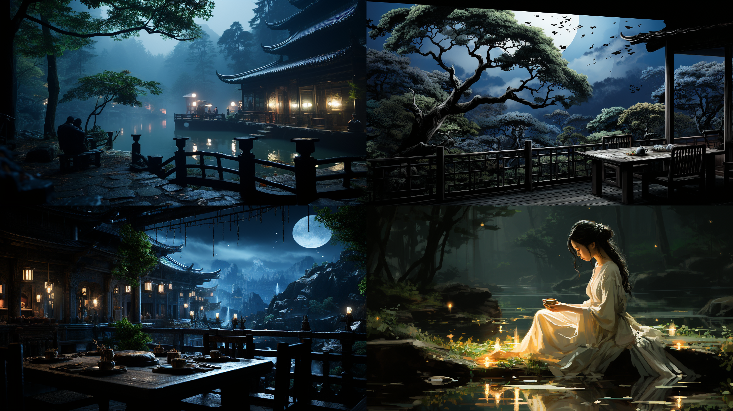 月夜下，举杯对天，观月，如诗如画。是一位中国古代文人坐在一张小桌子旁，桌子上有一个优雅的酒壶。以中国传统建筑为背景，舞动的月光映衬着附近宁静的水面。