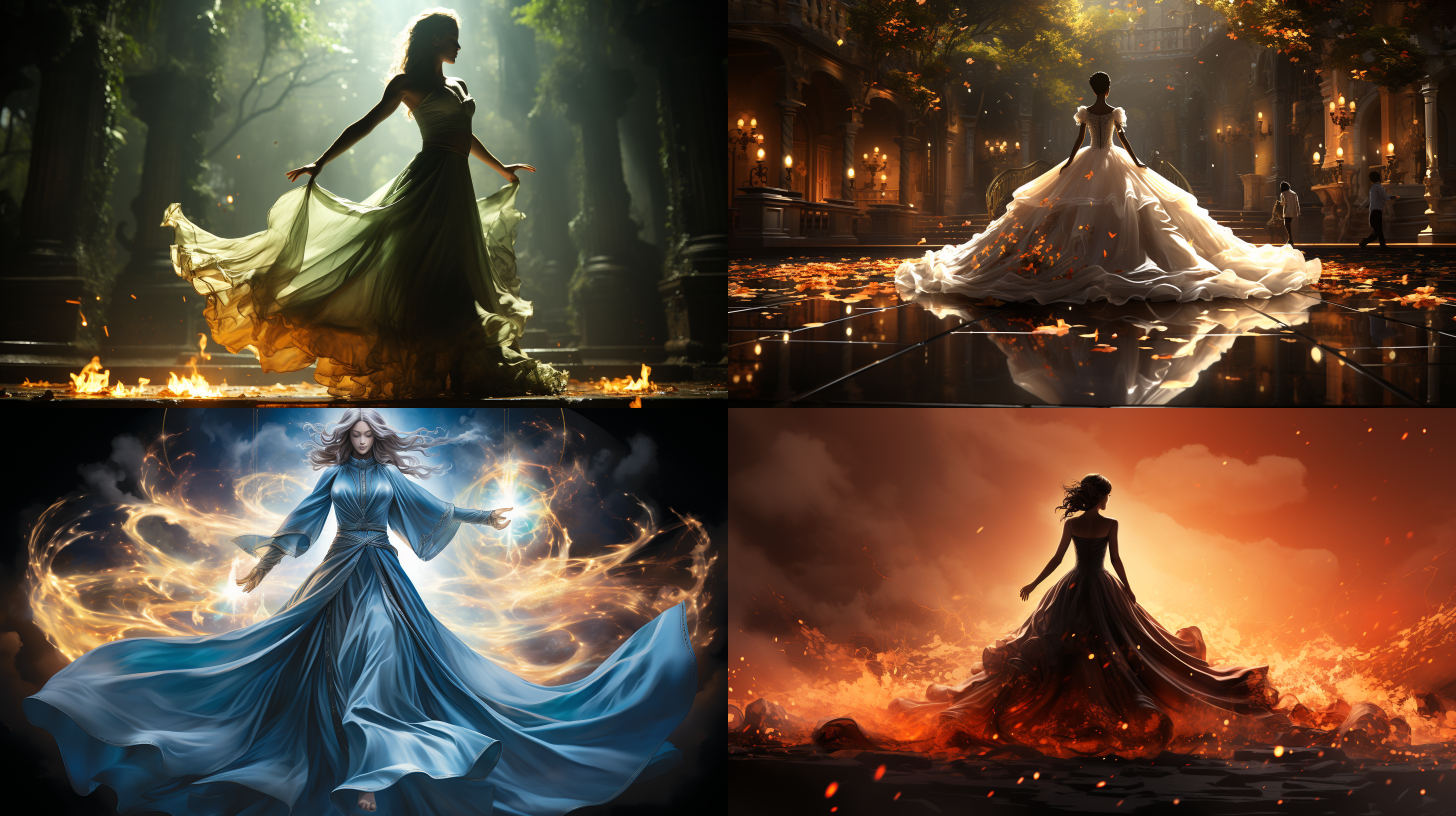 欣赏那曼妙的舞姿在明亮的月光下倒影，仿佛从天上走出来。此场景描绘了一位空灵的舞者，在柔和的月光下优雅地舞动。他们的倒影在脚下的地面上闪闪发光，为场景增添了超凡脱俗的魅力。