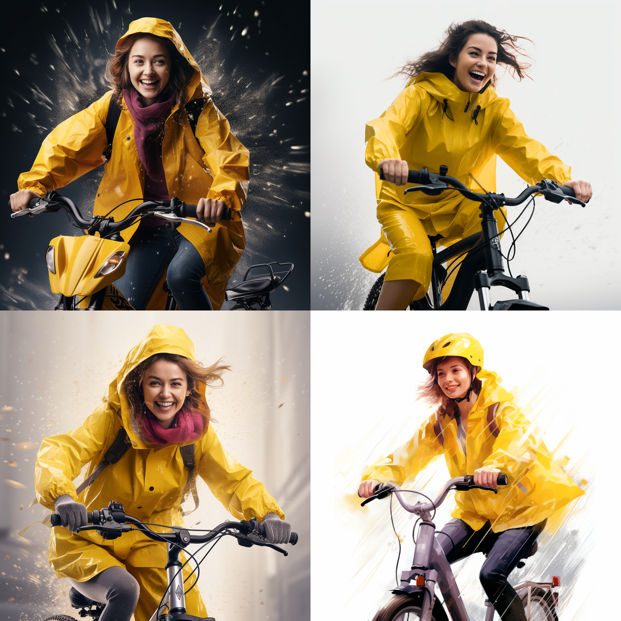 女士穿着黄色雨衣骑着电动车，背景是白色。构图采用对角线布局，使用高饱和度的颜色和对比度，营造出潮湿的氛围。照片中的元素包括电动车、雨水。情感上体现了女士的勇敢和坚毅。 单人 女孩 微笑