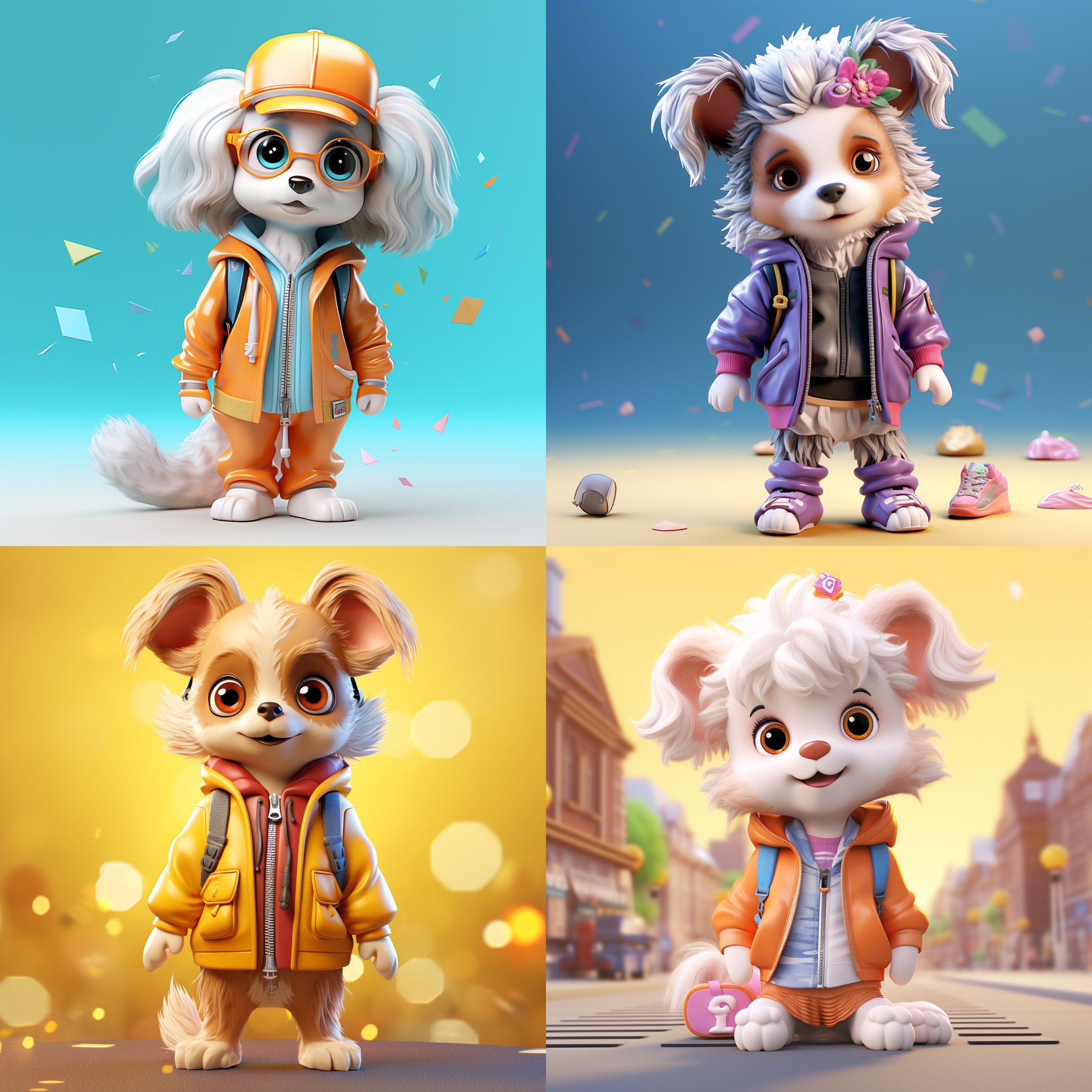 t太，一只时尚的小狗，看着镜头，站得自然饱满，穿着衣服。高端自然配色，明亮和谐，可爱多彩，光线追踪，泡泡商城风格，设计简洁，ip盲盒形象，人物设计细节，有趣的人物设计，行为，海派，有机雕塑，c4d风格，卡通写实，图书插图风格，4k展示，