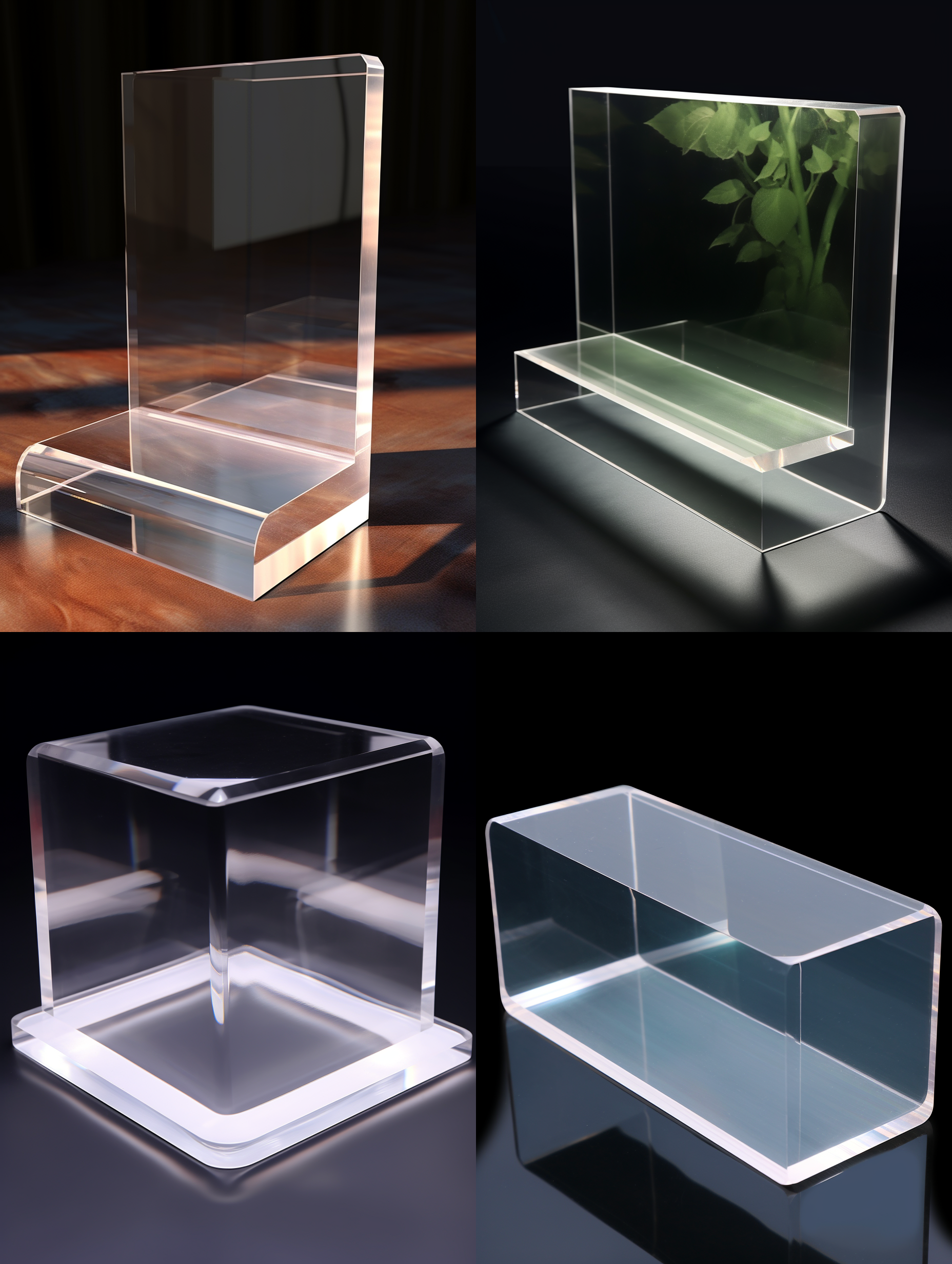 生成一块无印刷亚克力板，厚的，长方形，垂直摆放在座面，3d渲染，产品图片 