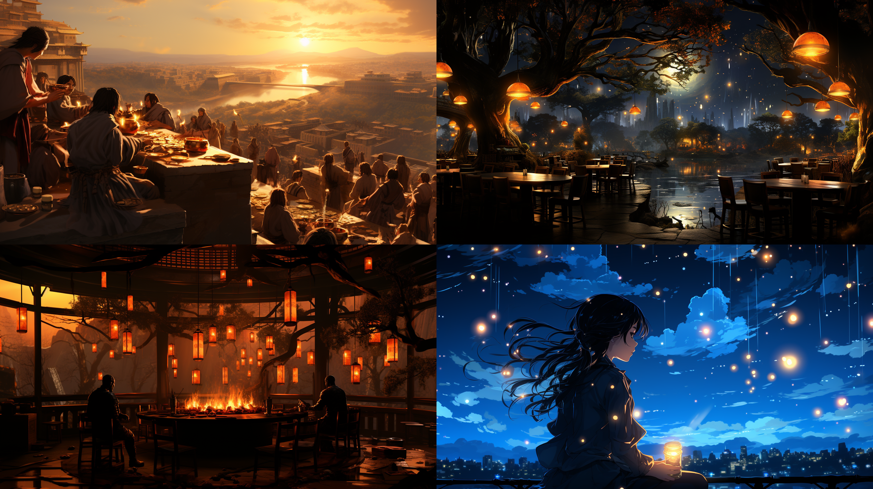 illustrate a scene during the mid-autumn festival in the year of bingchen. depict a festive atmosphere with individuals joyfully partaking in celebrations until dawn, indulging in drinks, and reaching a state of euphoria. amidst the revelry and nostalgia, illustrate one person who stands out by their intense focus on creating an artwork, alluding to a feeling of missing an individual, possibly named ziyou.