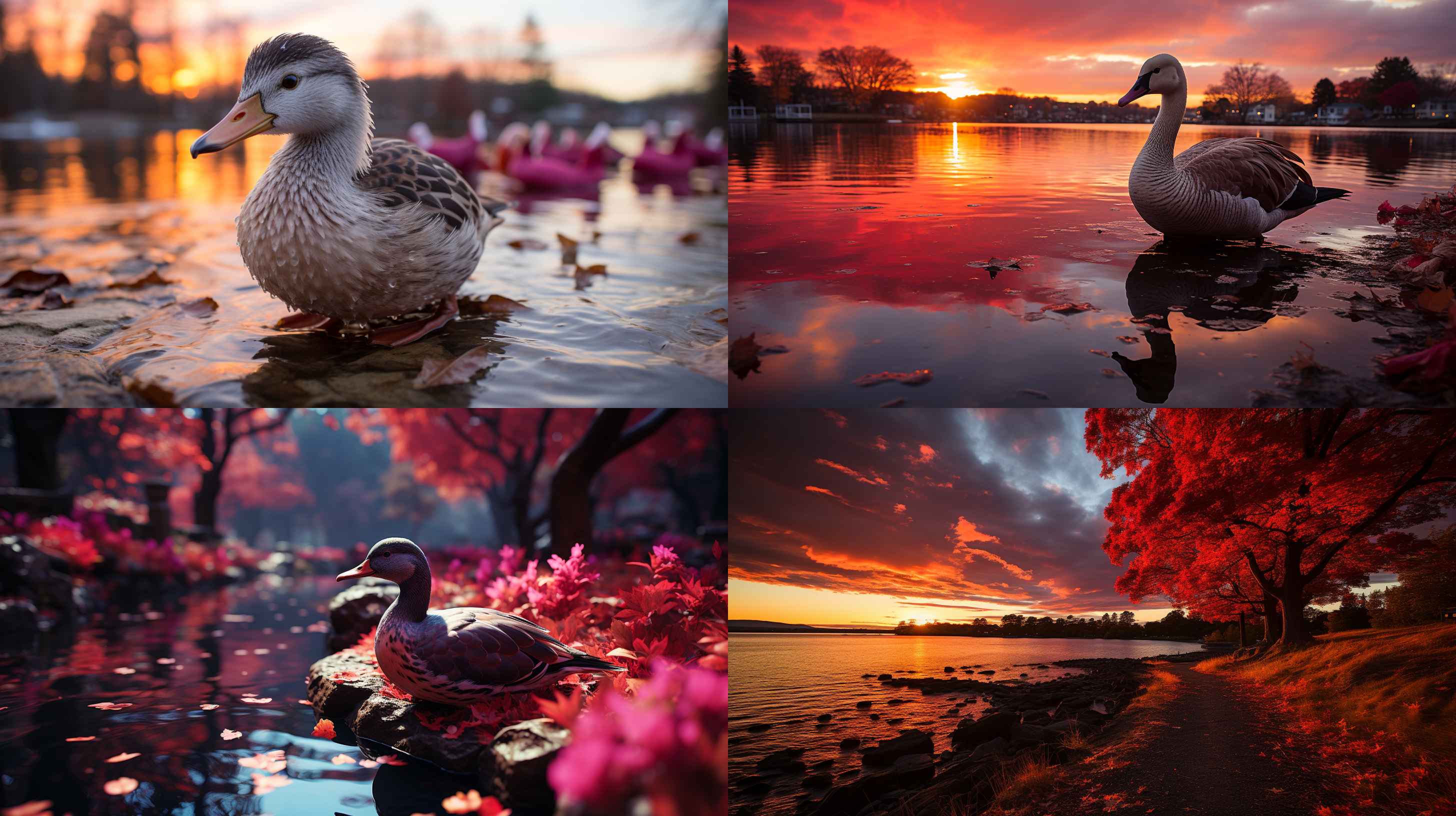 深红色的夕阳和一只孤独的野鸭与落叶同步飞翔，营造出一种大气的场景。在柔和、温暖的夕阳色调的包围下，飞鸭的剪影与灿烂的天空形成鲜明的对比。天空呈现出微妙的橙色、紫色和粉色，倒映在下方宁静的水面上。在地平线上，太阳已隐约可见，秋天的湖水与一望无际的天空无缝融合。水的颜色和天空的颜色是相同的。