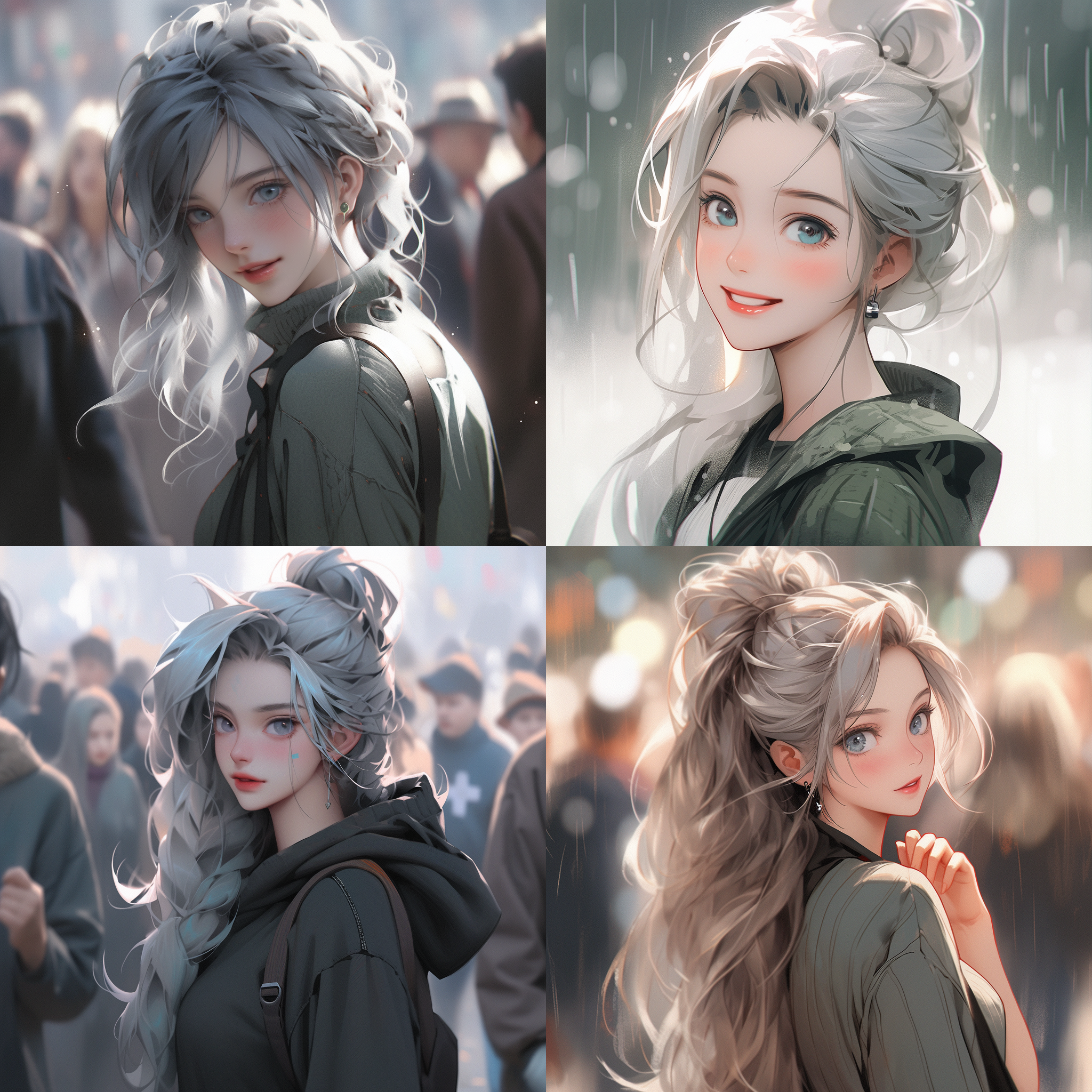 动漫女孩，油画艺术风格，人群中的女孩，银色头发，漂亮的五官，欧美风女孩，哈利波特影迷艺术，深绿色和浅灰色风格，动画美学，清冷优雅的女性形象，焦点聚焦，背面光，艺术感 非常细致的眼睛和脸 超高分辨率 漫画 学生 下雨 高马尾 日本学生服 微笑 淡淡腮红