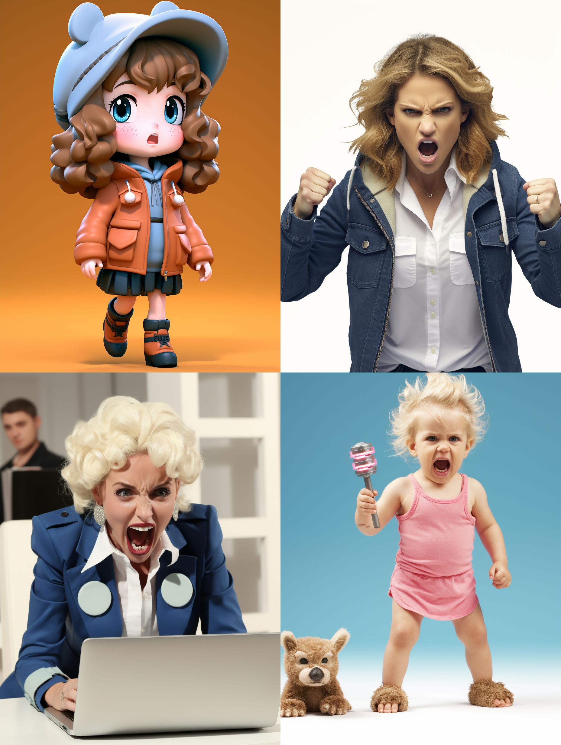 a girl with a sense of technology, close shot face, close shot expression, full body mouse expression and action, exaggerated action, happy, angry, sad, surprised and other emotions,white background, sticker art design of q version design, super definition,8k nine grid layout