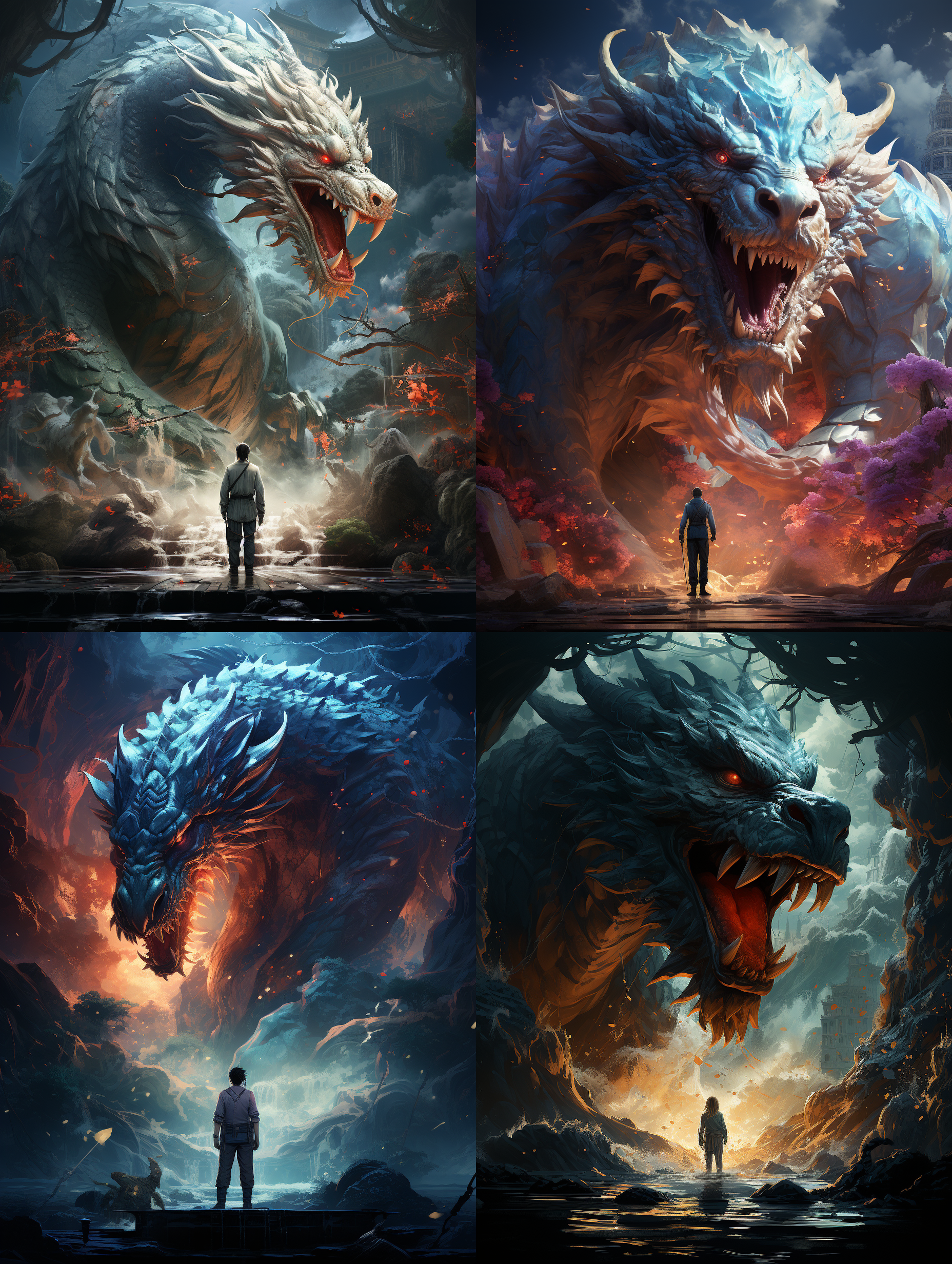 a man stands in the water facing a giant dragon , blue eyes and head , with a background featuring a huge chinese dragon whose scales are as beautiful as jade , white and smooth . the illustration is in a dreamlike style , with light azure and white , vibrant manga style , chinapunk , and realistic details ,8k
