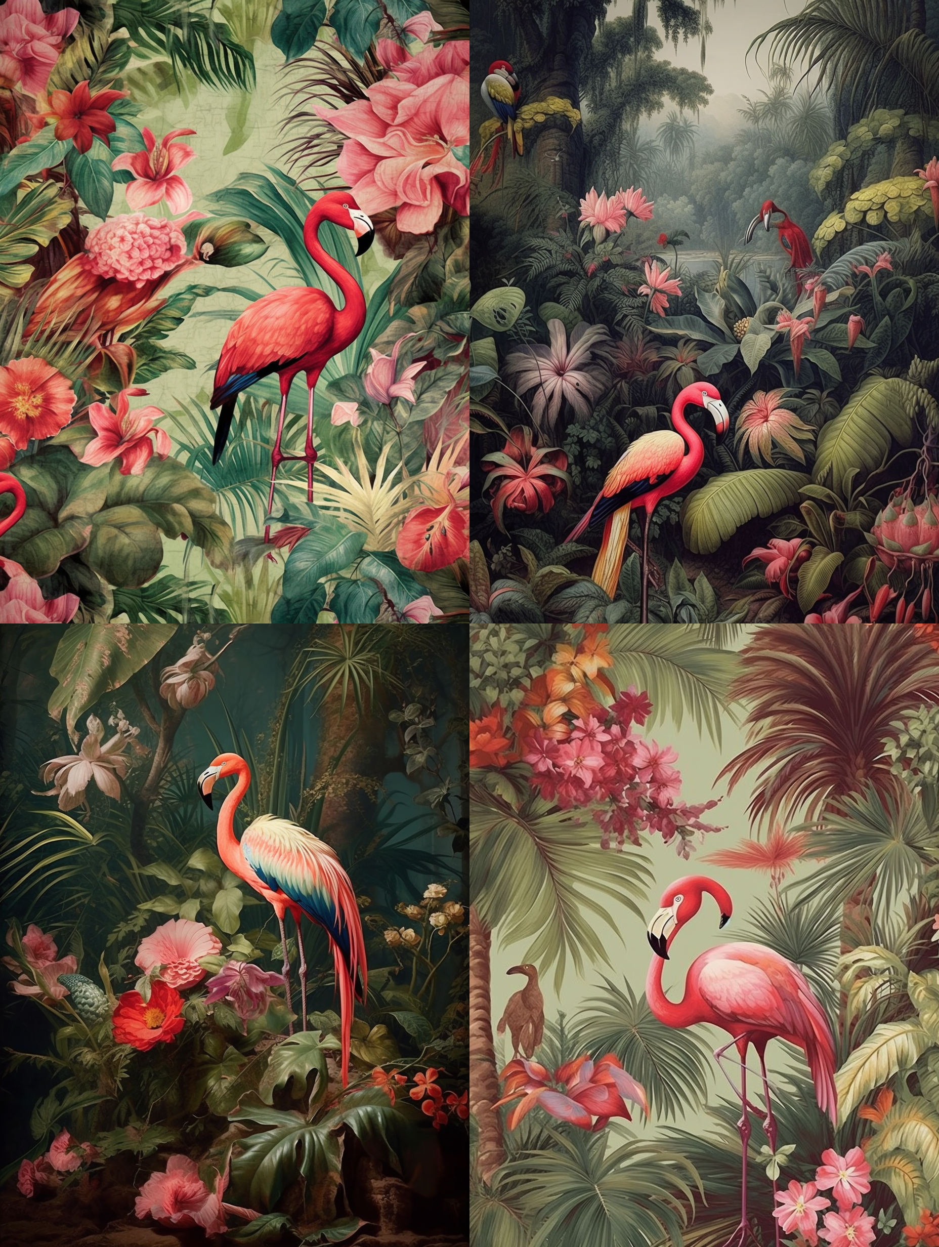 椰子树，芭蕉叶，热带水果元素，火烈鸟，所有元素平均分布