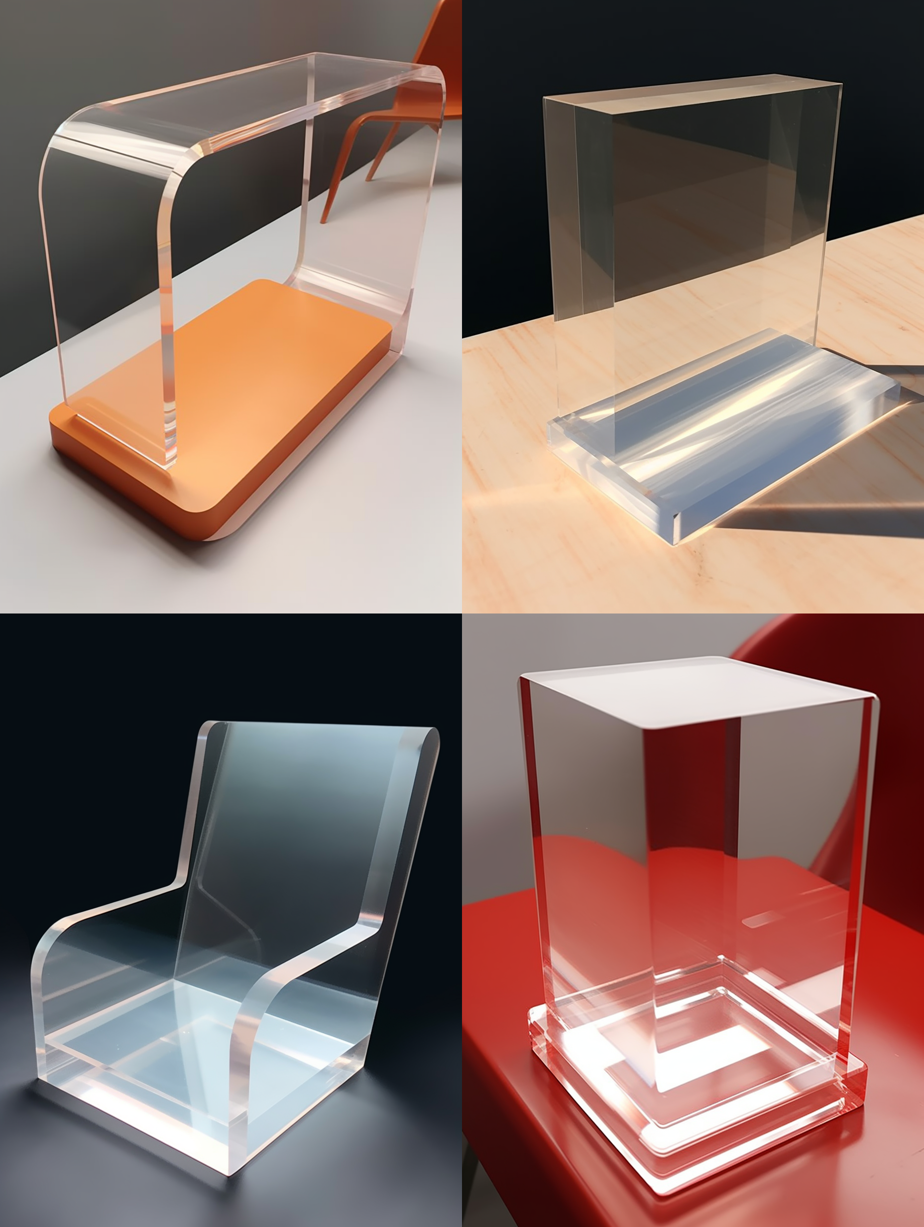 生成一块无印刷亚克力板，厚的，垂直摆放在座面，3d渲染，产品图片