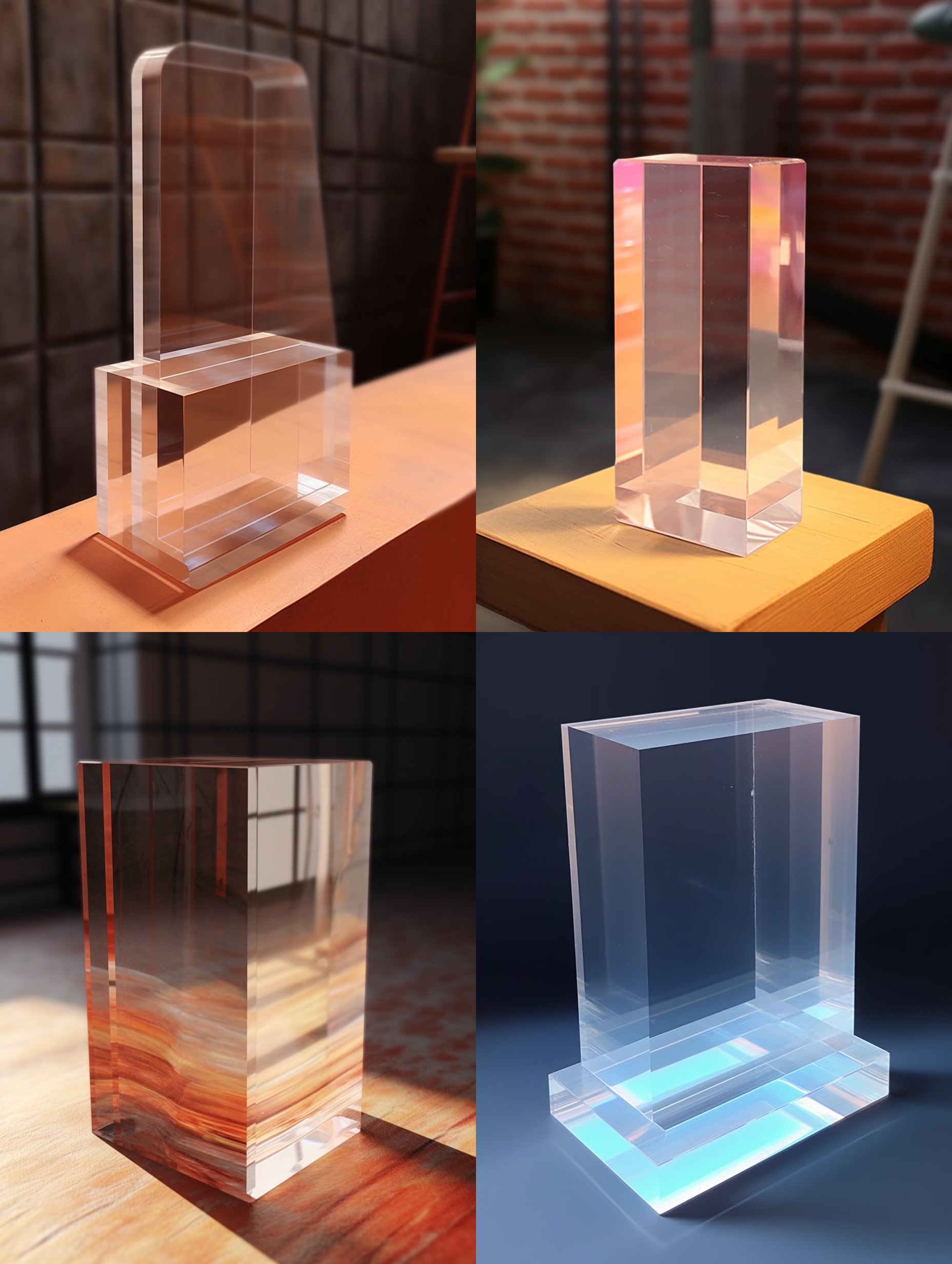 一块亚克力砖，垂直摆放在座面，3d渲染，产品图片