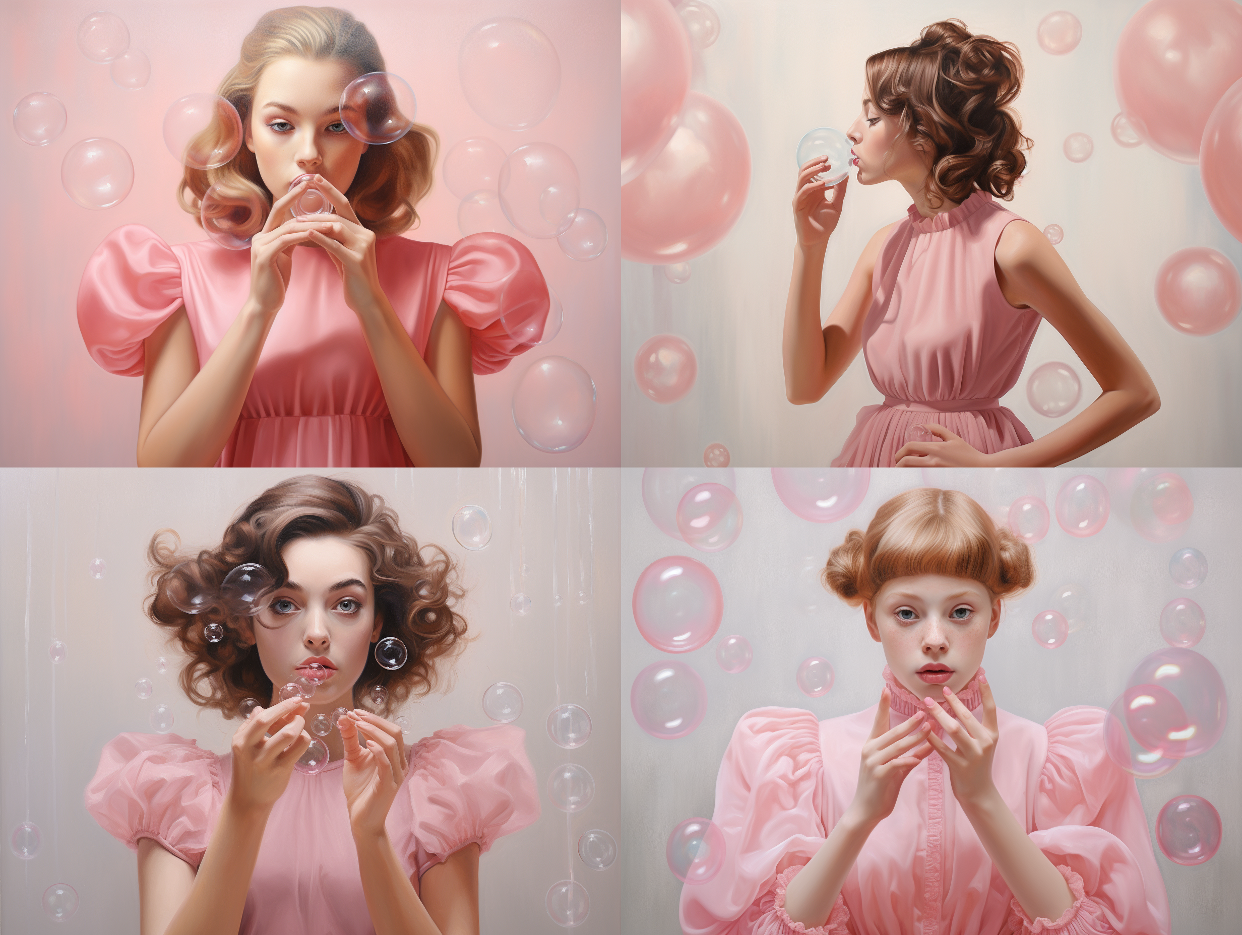 一个穿着粉色连衣裙的女孩吹着泡泡，手放在脸上，身后是一堵白墙，幻想，一幅超现实主义的画，艾琳·伊格尔顿，流行超现实主义