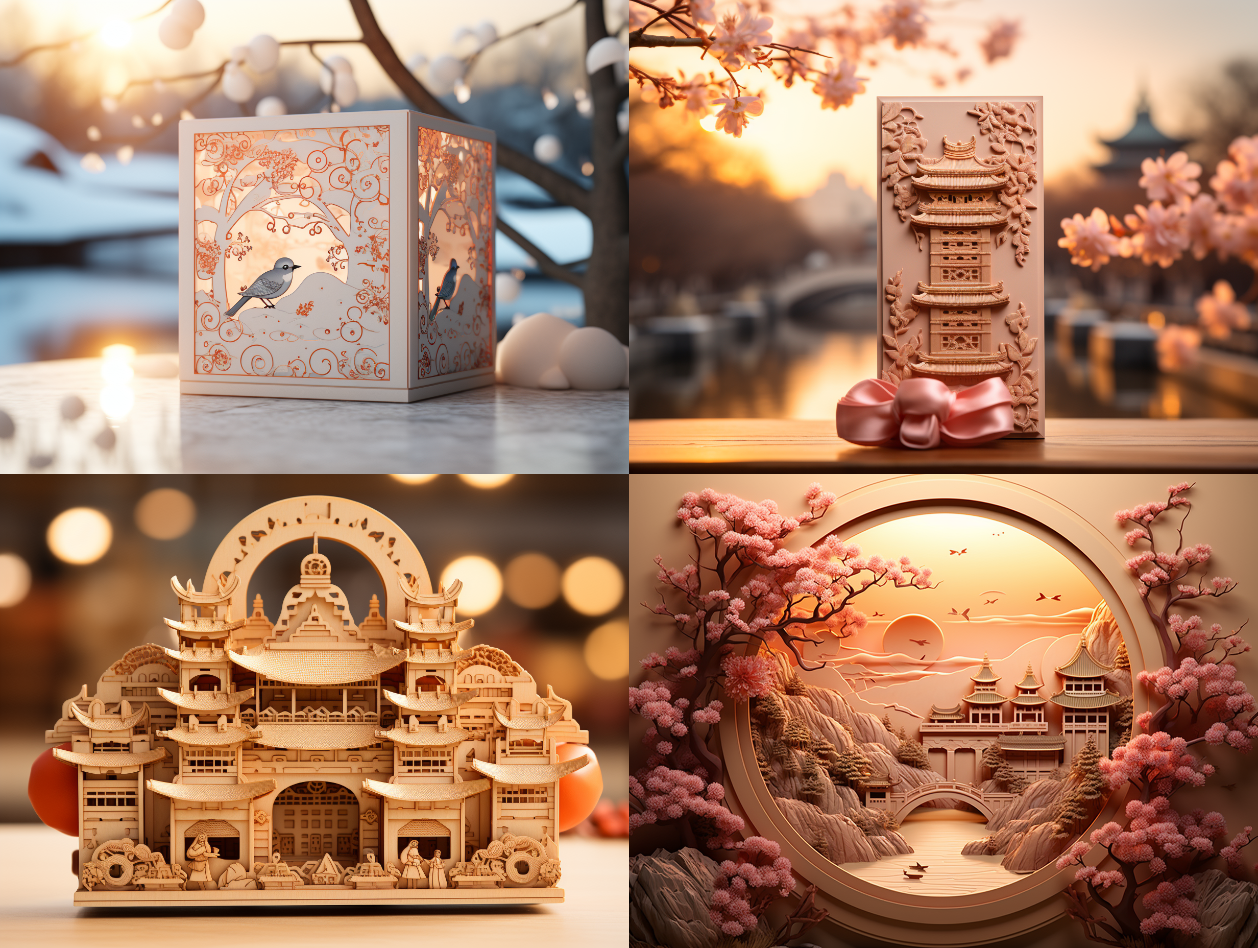 设计一个坚果礼盒包装盒3d效果图。插画画面，体现过年喜庆，中国风，江南美景，，礼盒尺寸：410(长)*150（宽）*265（高）mm。