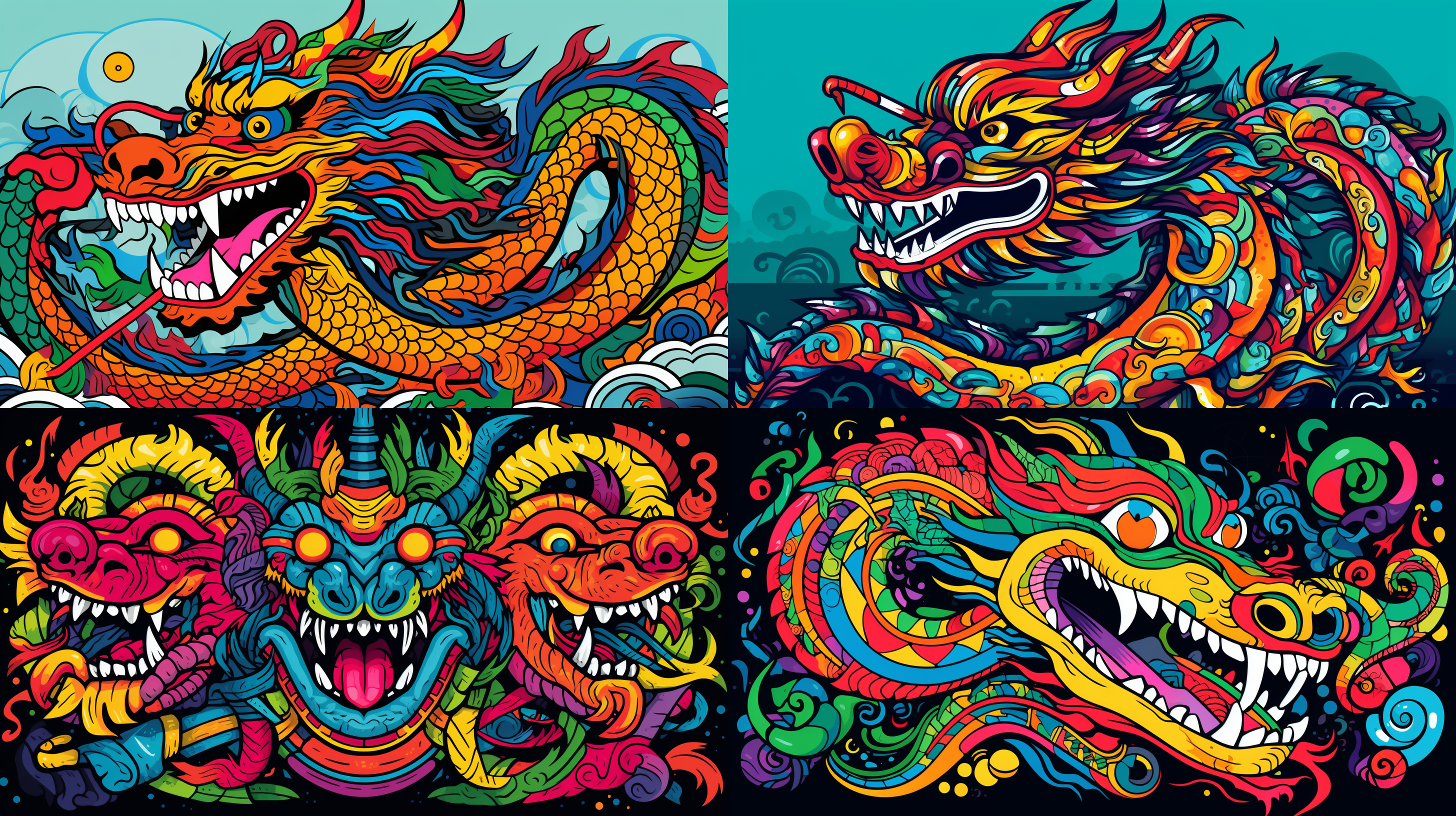 a colourful drawing of chinesedragon ，in the style of tribal abstractiontraditional mexican style biblicaliconographysimplified compositions. doodlein the style ofkeith haring, sharpie illustration, simple detailsminimalist,luminism,isolated fiqures ar 16:9 niii 5