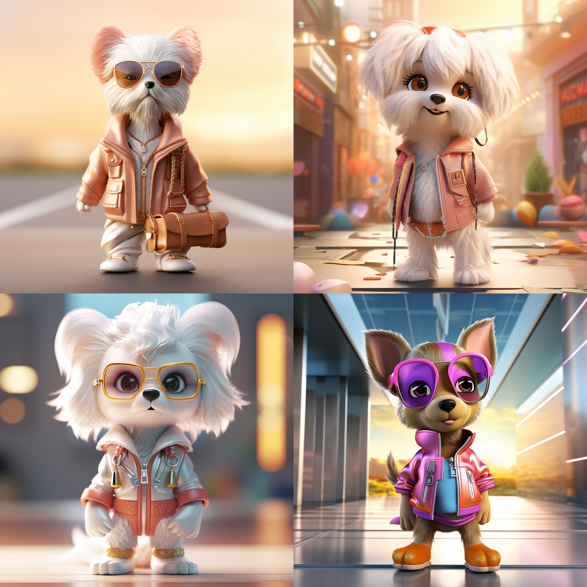 t台走秀，一只时尚的小狗，看着镜头，站得自然饱满，穿着衣服。高端自然配色，明亮和谐，可爱多彩，光线追踪，设计简洁，ip盲盒形象，人物设计细节，有趣的人物设计，行为，海派，有机雕塑，c4d风格，写实，图书插图风格，4k展示